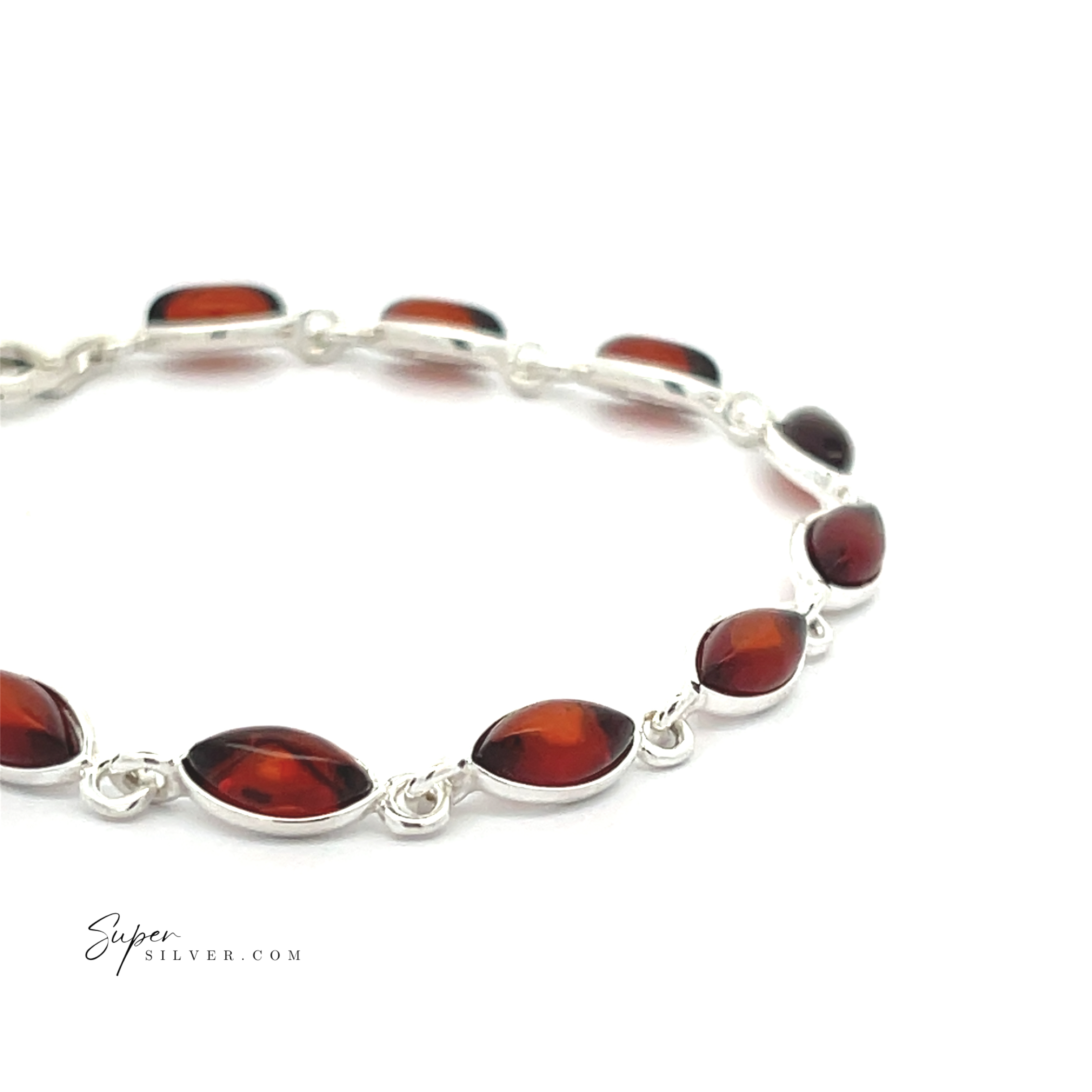 Simple Marquise Baltic Amber Bracelet in sterling silver, featuring marquise-shaped amber stones set in individual links. Displayed on a white background with "SuperSilver.com" in the corner.