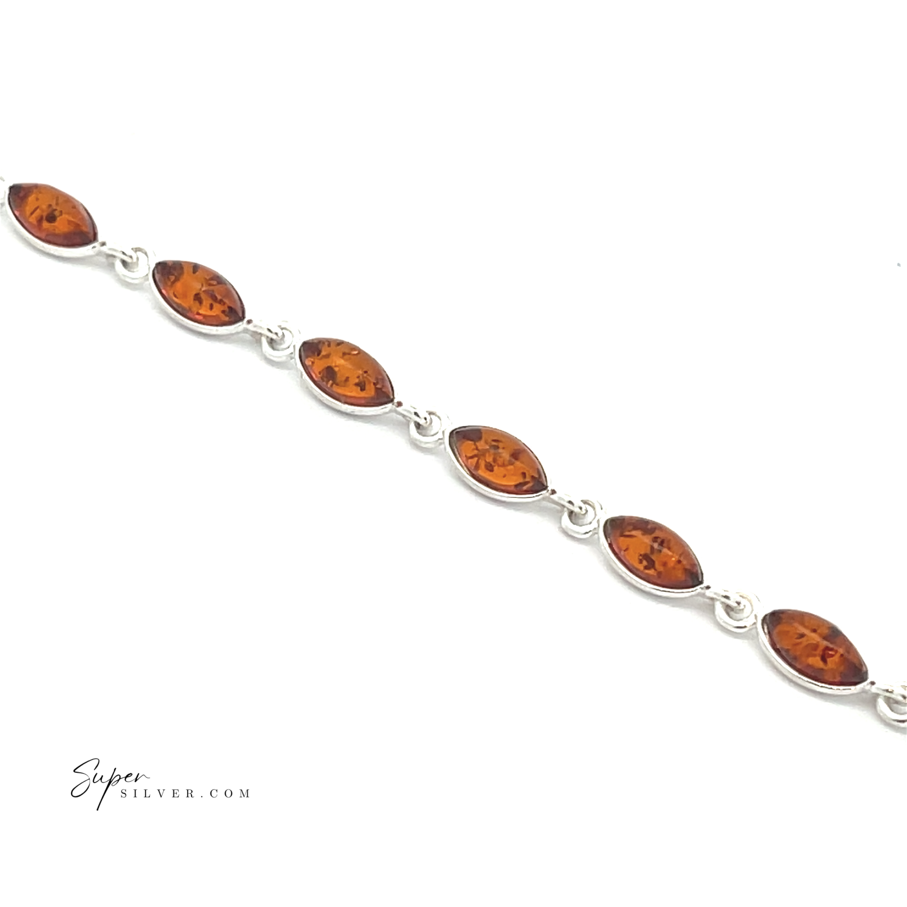 The Simple Marquise Baltic Amber Bracelet features marquise-shaped Baltic amber stones set in sterling silver, evenly spaced along the chain and showcased on a white background.