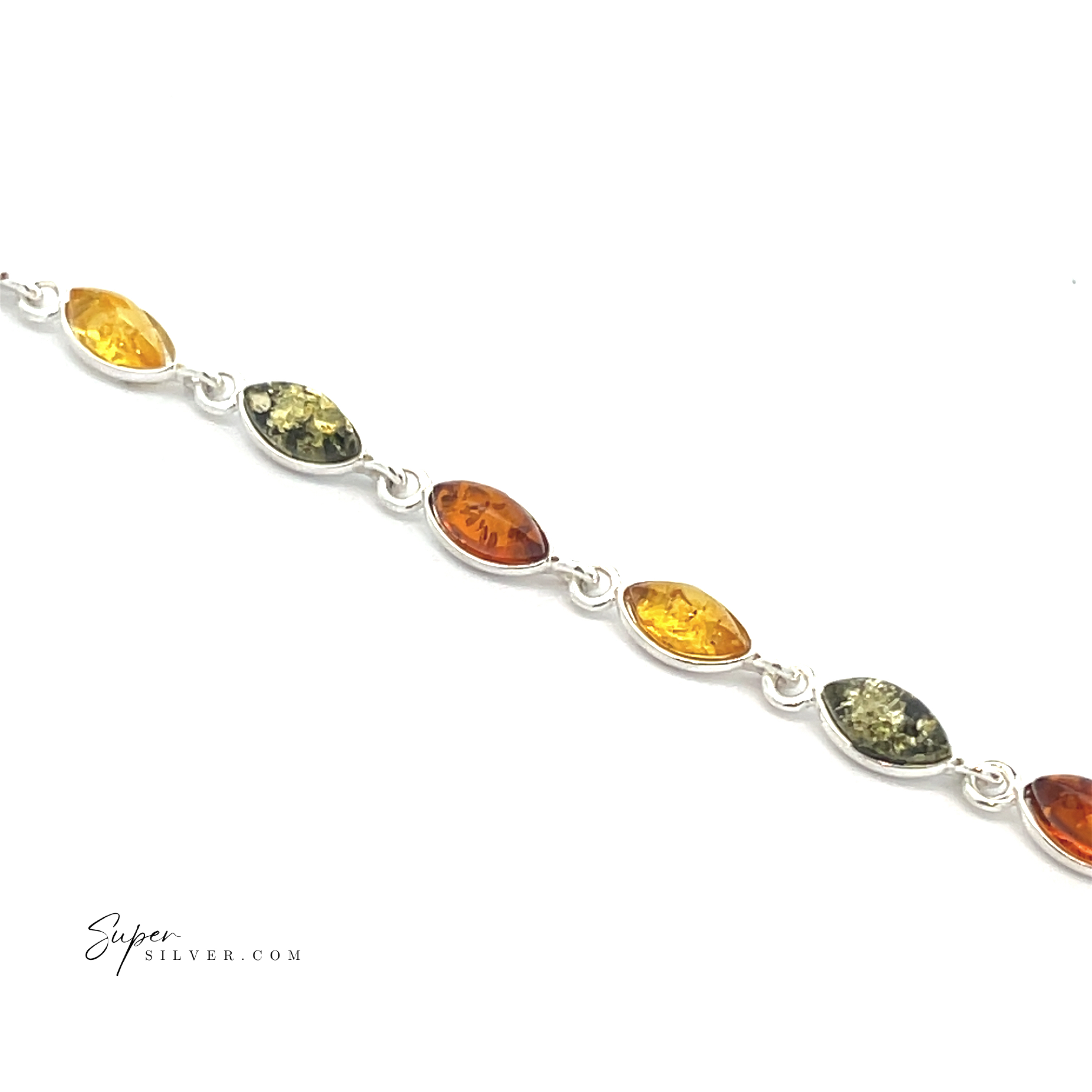 The Simple Marquise Baltic Amber Bracelet showcases alternating yellow, green, and orange marquise-shaped stones set in sterling silver, each gleaming on a white background.