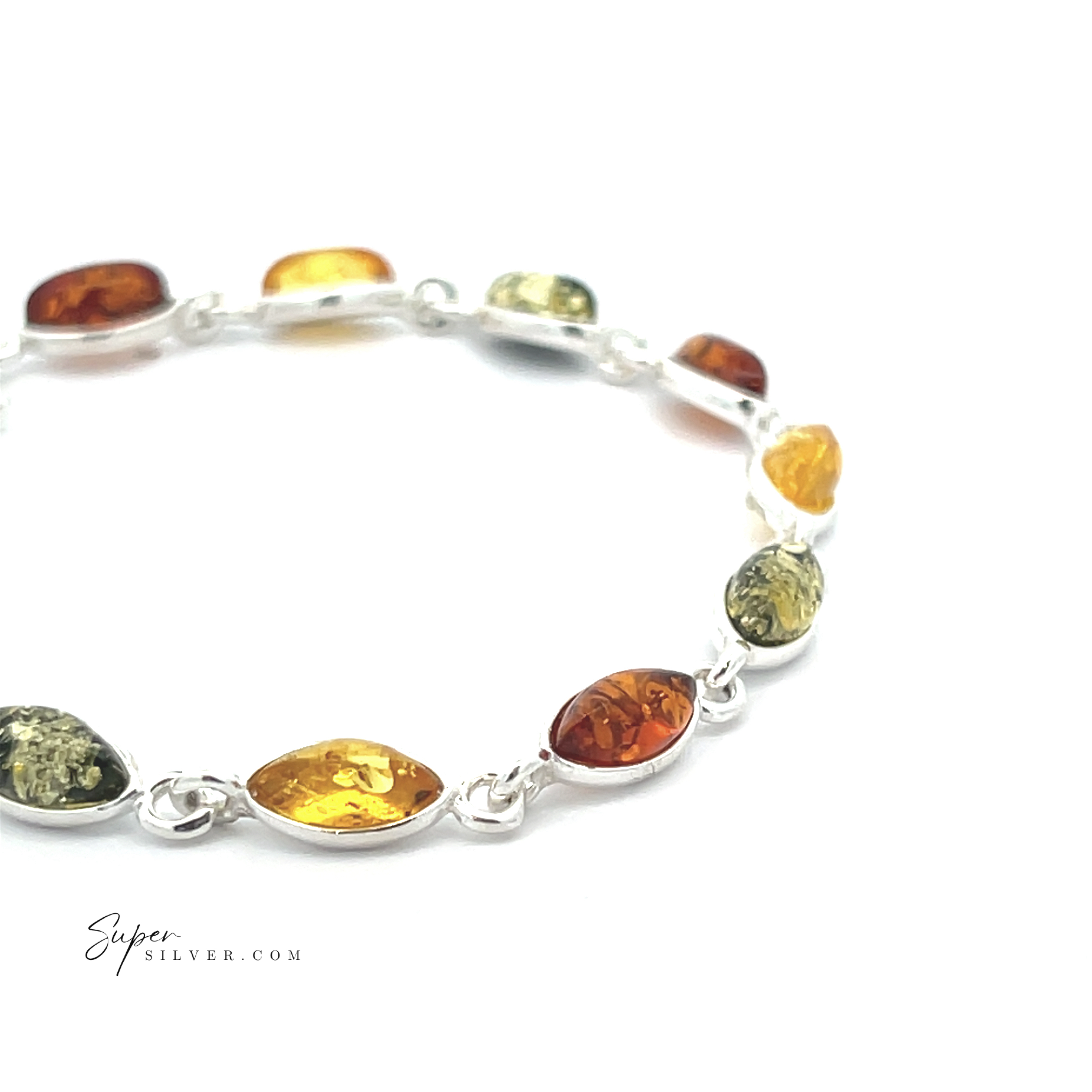 The Simple Marquise Baltic Amber Bracelet showcases alternating marquise amber stones in yellow, green, and brown hues set in sterling silver on a white background.