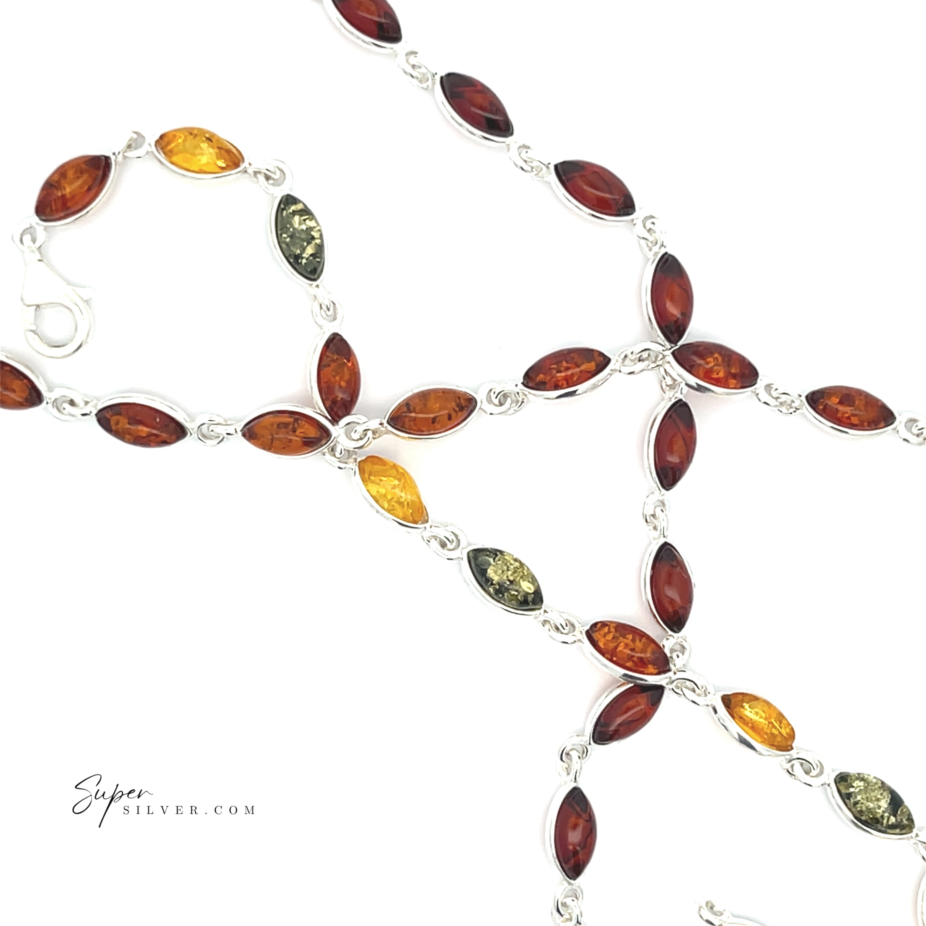 The Simple Marquise Baltic Amber Bracelet features alternating marquise-shaped amber stones in green, yellow, and cognac—each showcasing ancient sunlight—displayed on a white background.