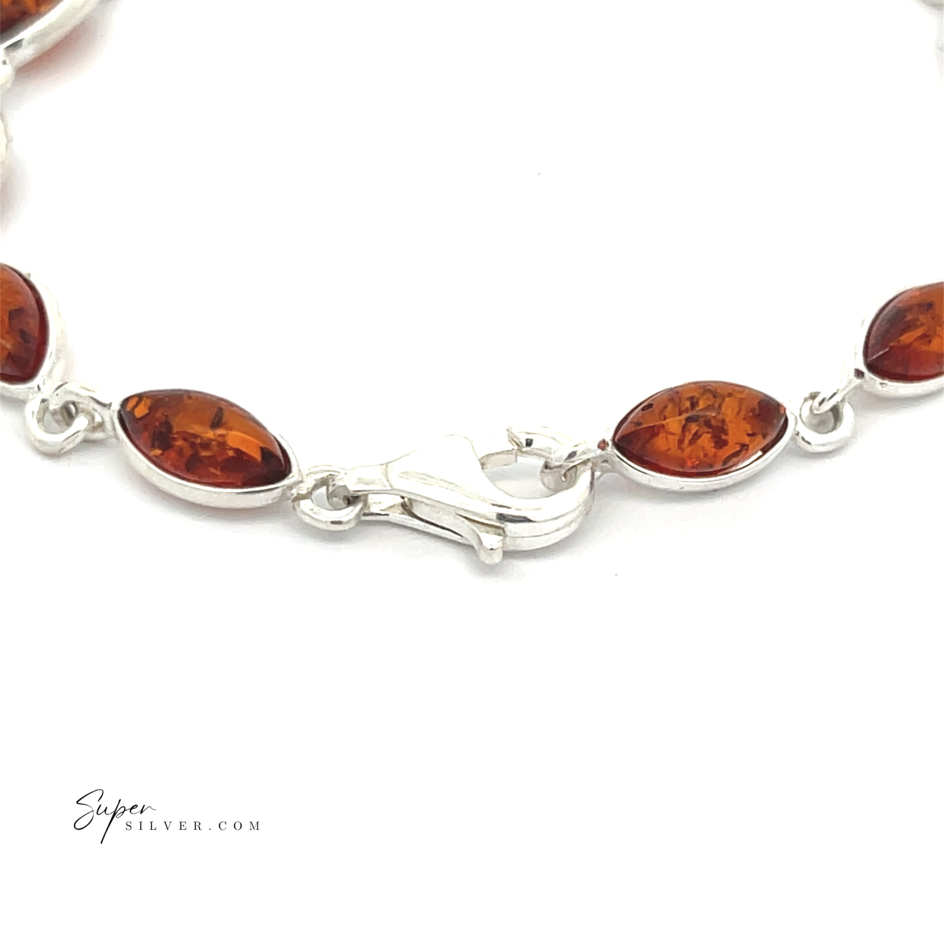 Close-up of the Simple Marquise Baltic Amber Bracelet in sterling silver, featuring marquise-shaped amber stones and a lobster clasp. The SyperSilver.com logo appears in the bottom left corner.