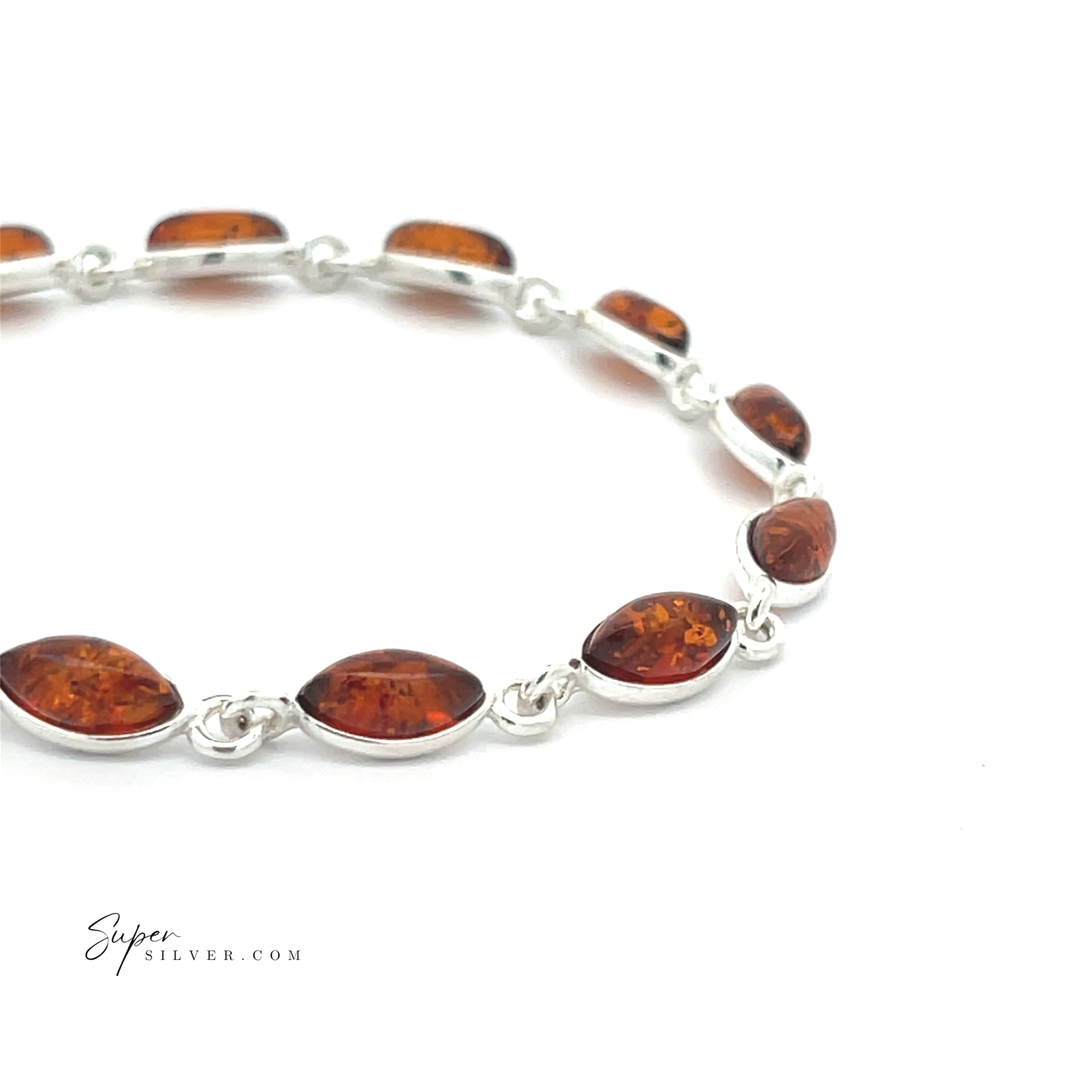 Simple Marquise Baltic Amber Bracelet in sterling silver with marquise-shaped amber stones set in linked bezels, shown on a white background. "Super Silver.com" logo appears in the lower left corner.