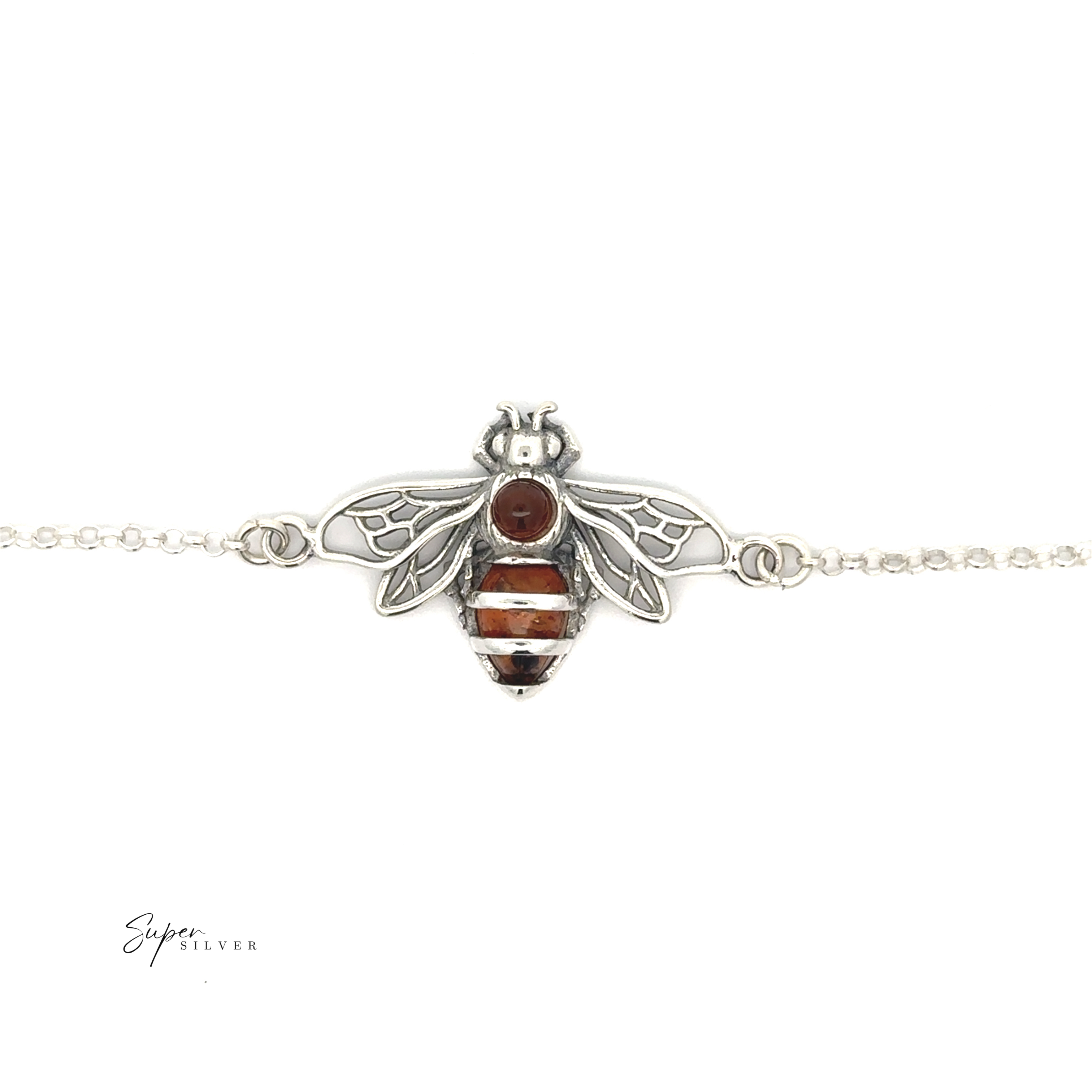 The Baltic Amber Honeybee Bracelet is a sterling silver chain with a bee charm featuring striped brown and white Baltic amber inlays.