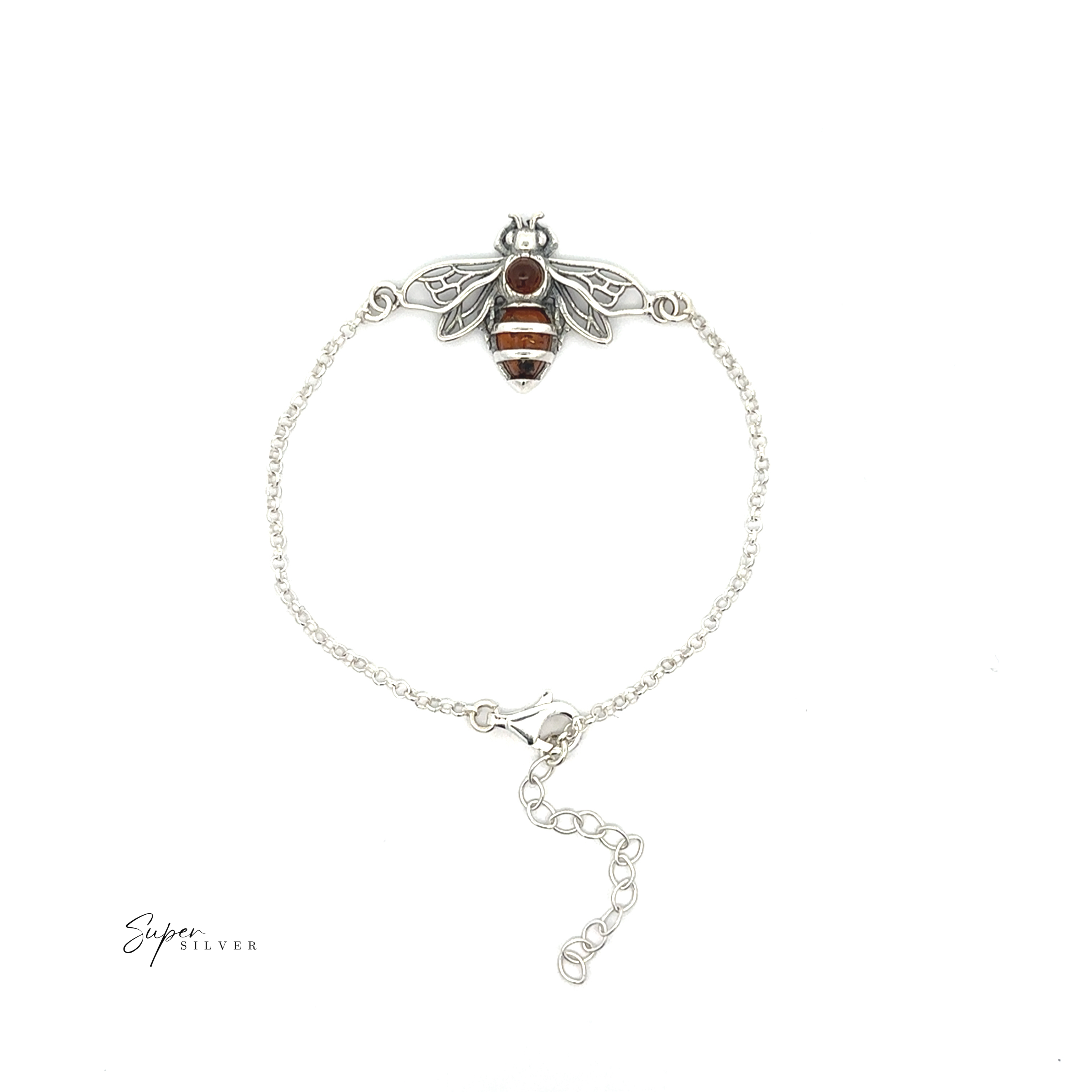 The Baltic Amber Honeybee Bracelet features a sterling silver bee charm with brown and silver amber details, shown on a white background.