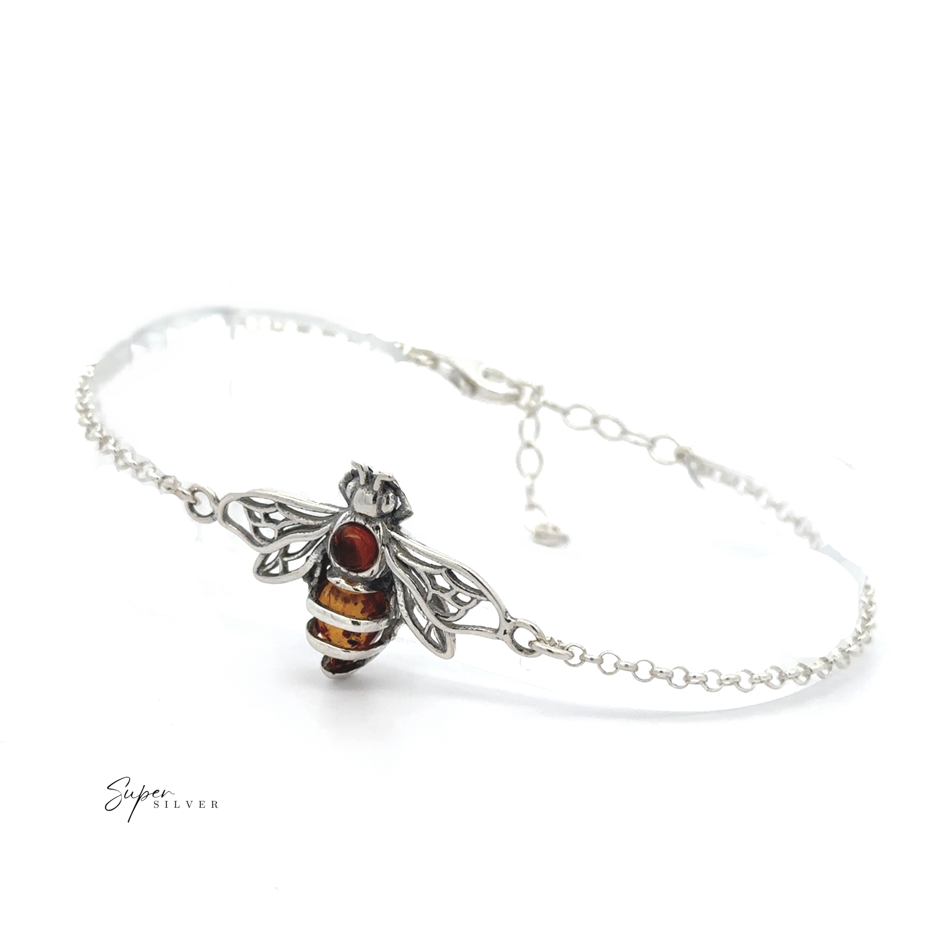 The Baltic Amber Honeybee Bracelet features a detailed sterling silver bee charm with Baltic amber accents, elegantly displayed on a white background.