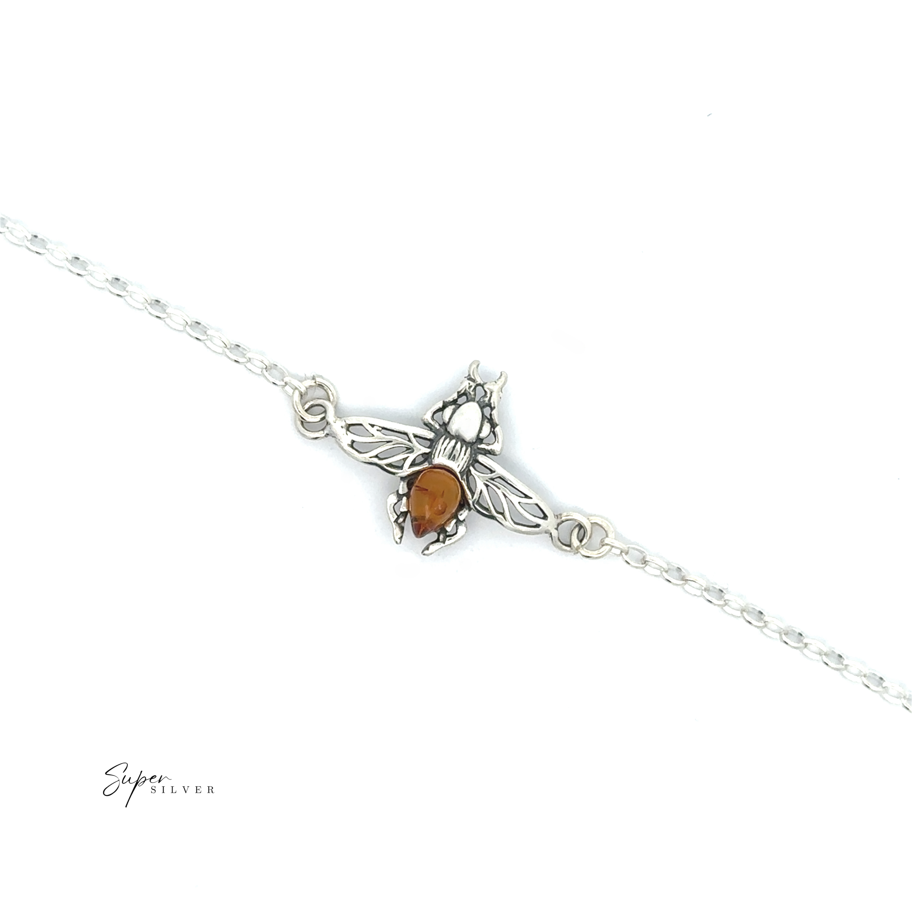 The Baltic Amber Bee Bracelet features a sterling silver bee pendant with a Baltic amber-colored stone, shown on a white background.