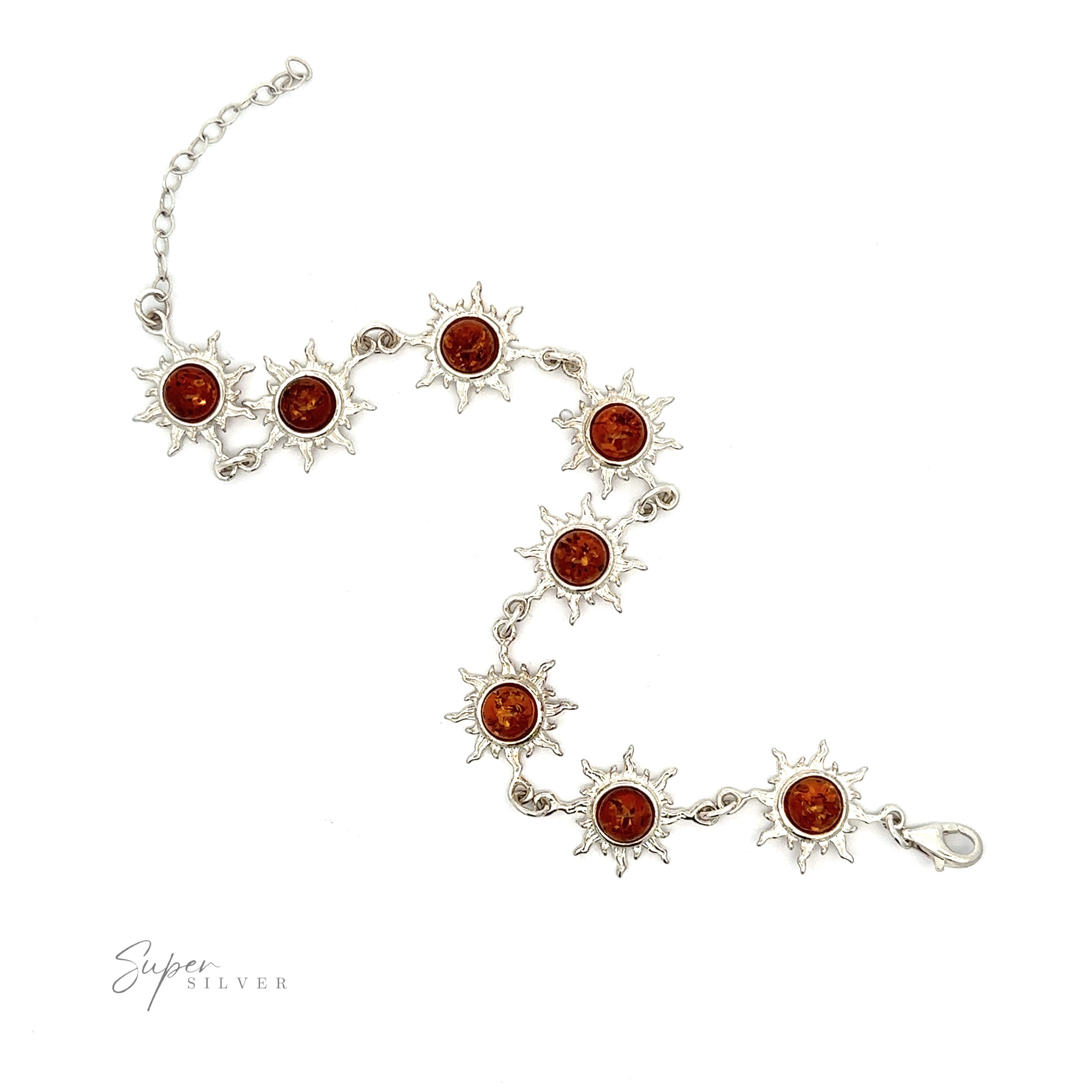 A Sparkling Amber Sun Bracelet with sun-shaped links, each featuring a small, mesmerizing amber-colored stone in the center.