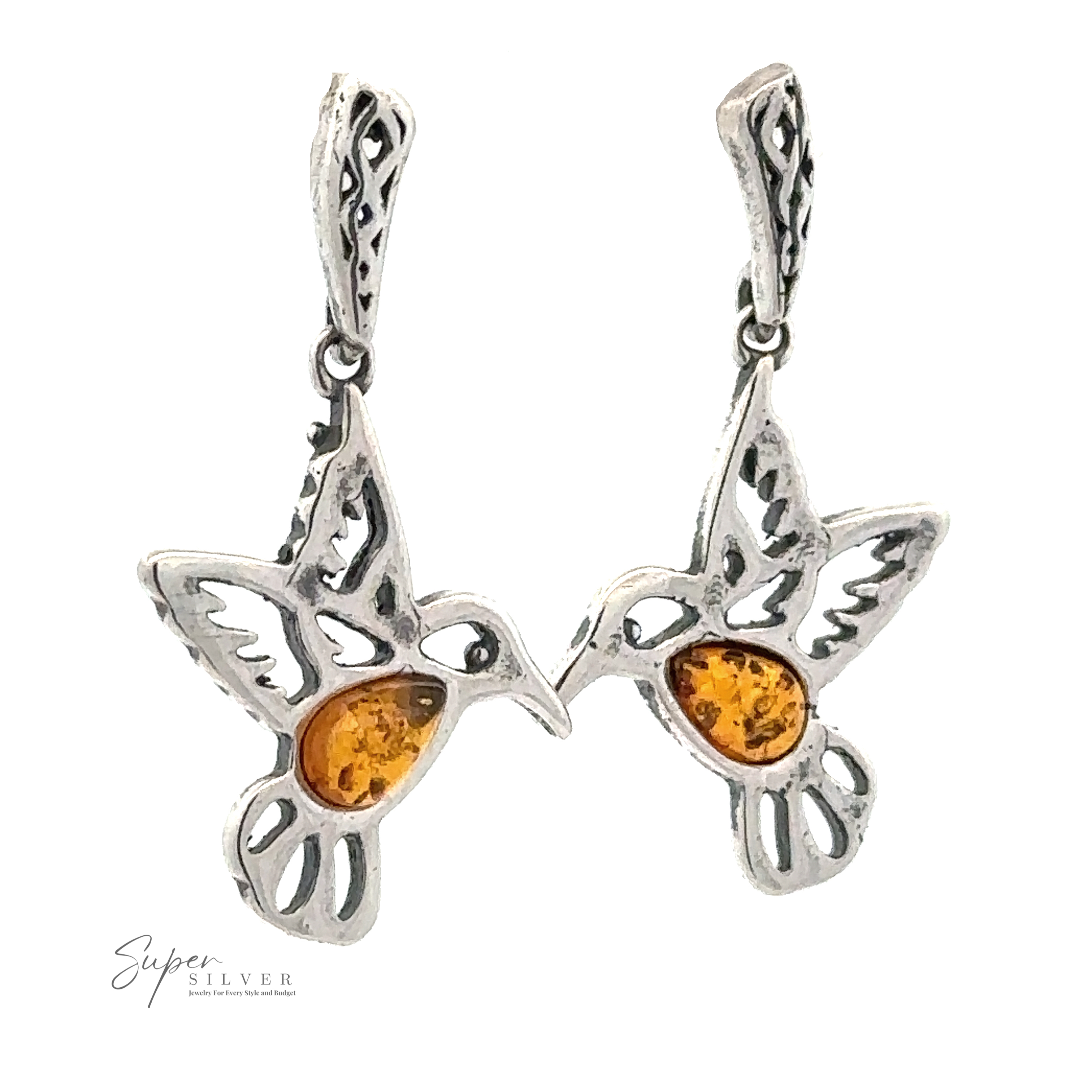 Amber Hummingbird Earrings with intricate designs and amber-colored stones made from Baltic Amber. The brand "Super Silver" is visible in the lower left corner.