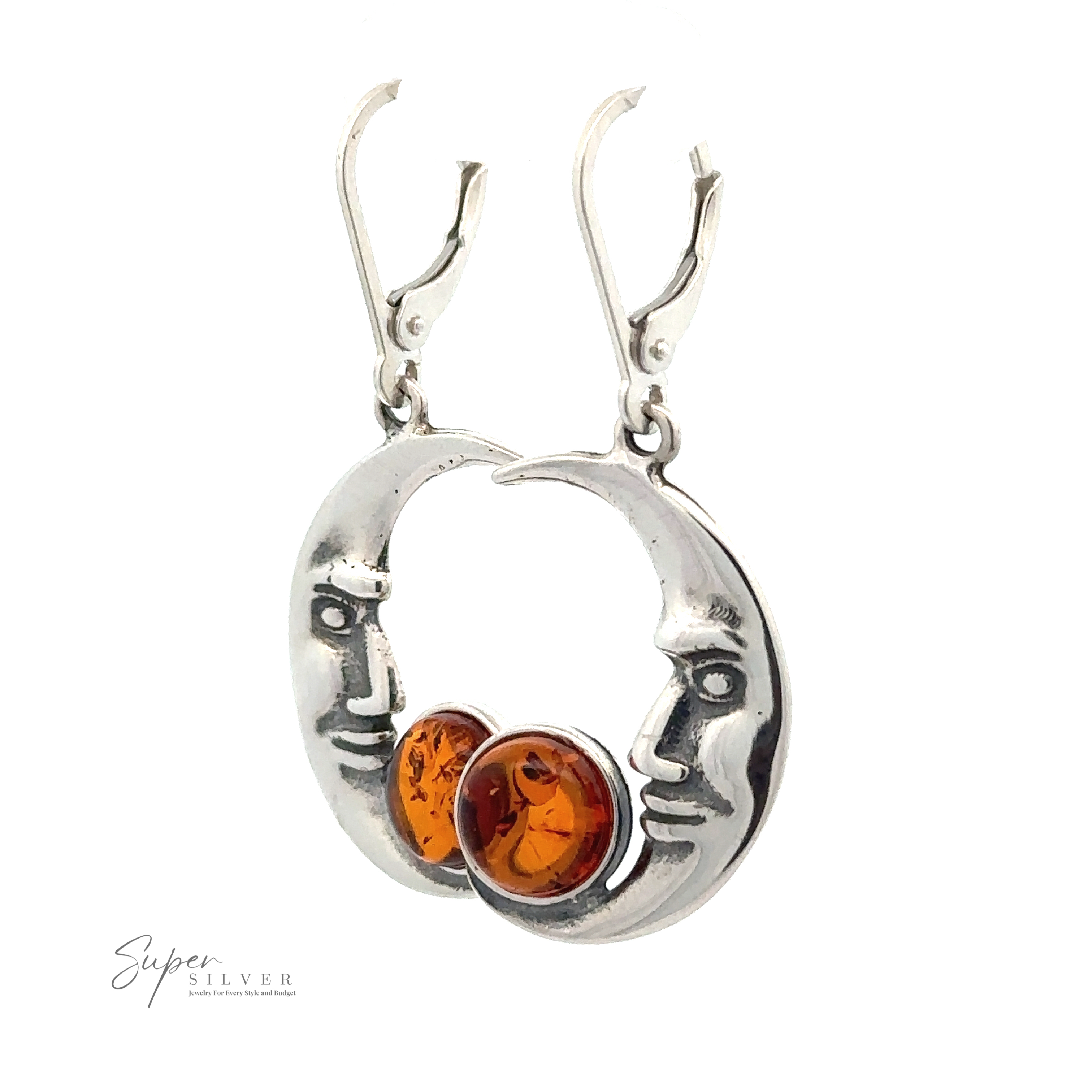 Amber Man-in-the-Moon Earrings with face designs, featuring round Baltic amber stones at the bottom center. The logo "Super Silver" is visible on the left side.