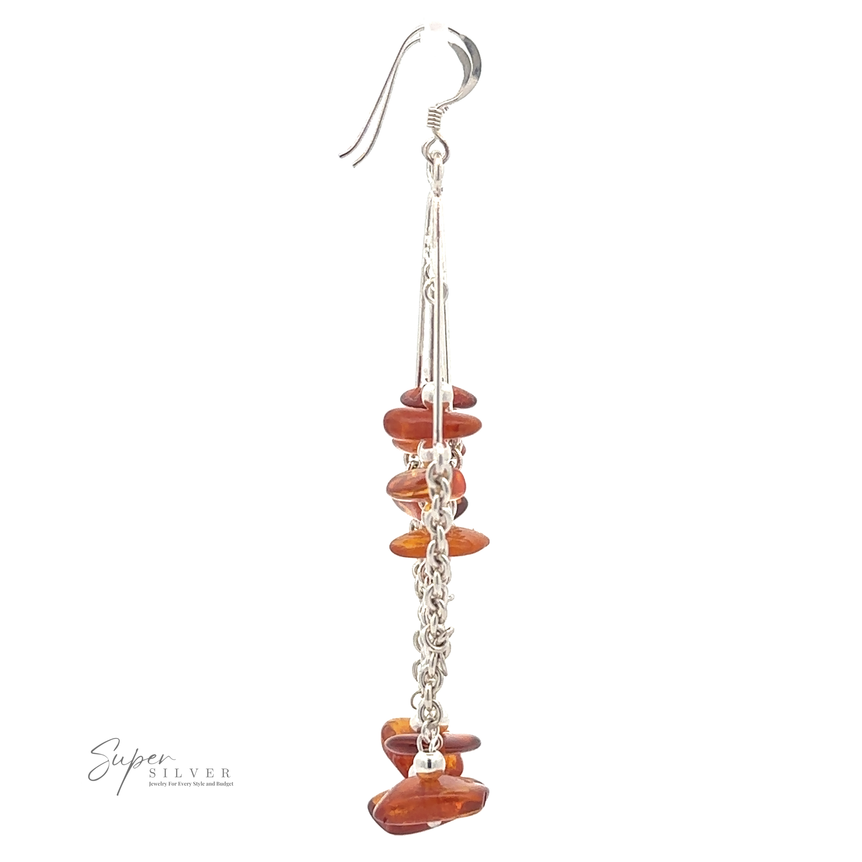 Beaded Amber Tassel Earrings with dangling red stones and chain links, embodying an earthy beaded tassel design, against a plain white background with "Super Silver" logo in the bottom left corner.