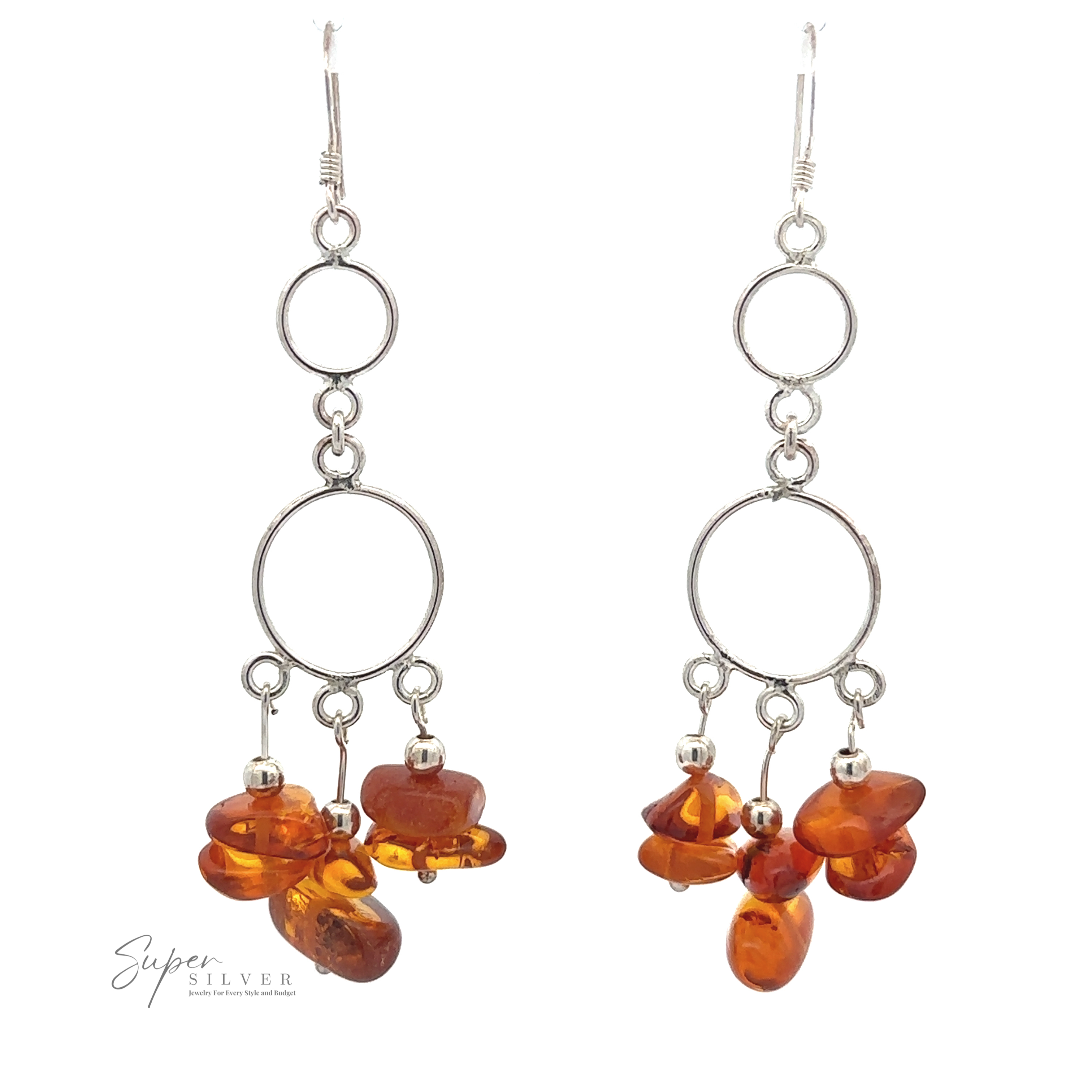 A pair of Hoop Dangle Earrings with Amber, featuring beautiful Baltic Amber dangle stones.
