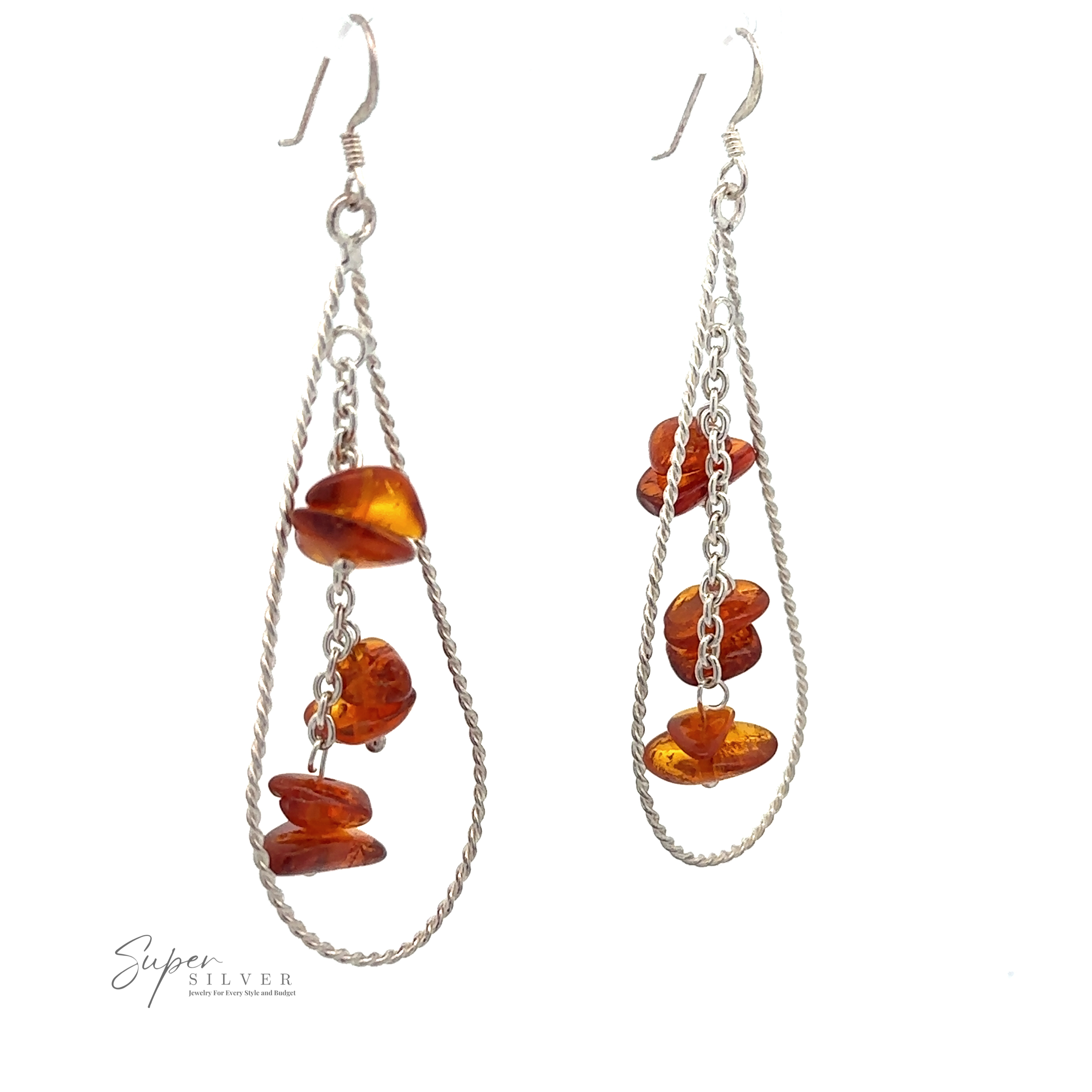 A pair of "Teardrop Shaped Dangle Earrings with Amber" featuring Baltic amber gemstone beads and twisted sterling silver chains. The image showcases the "Super Silver" brand on a pristine white background.