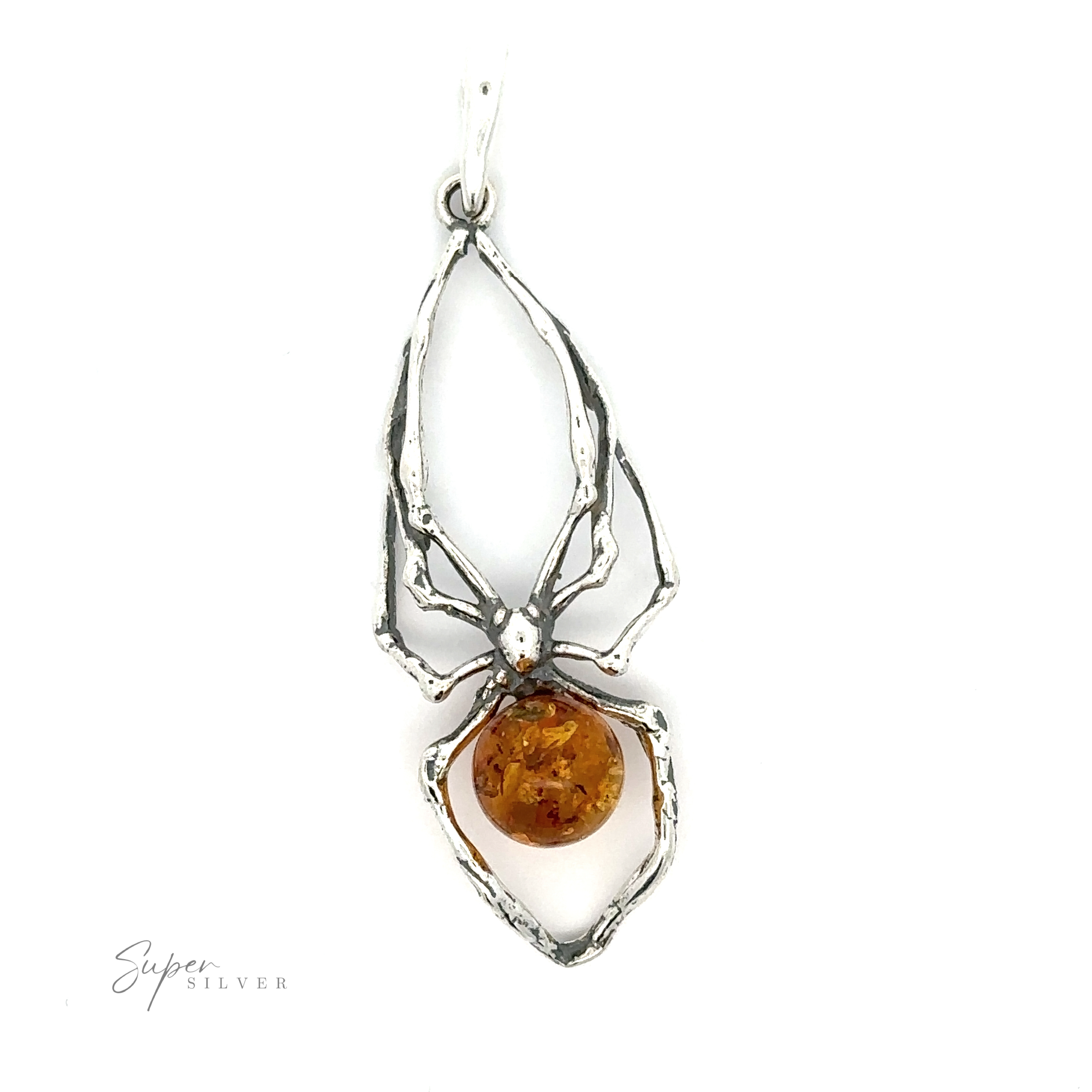 Beautiful Amber Spider Pendant with a Baltic amber gemstone centerpiece on a white background.