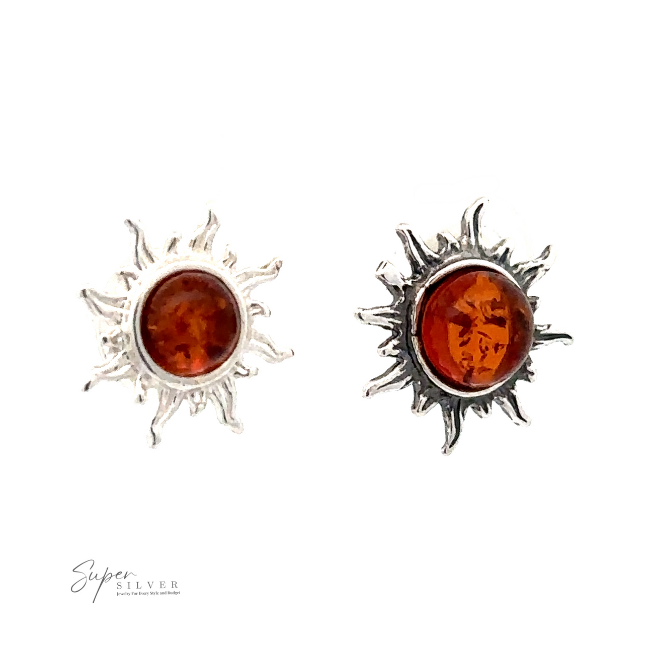 A pair of Brilliant Amber Sun Stud Earrings with Baltic amber center stones, displayed against a white background. The logo "Super Silver" appears in the bottom left corner.