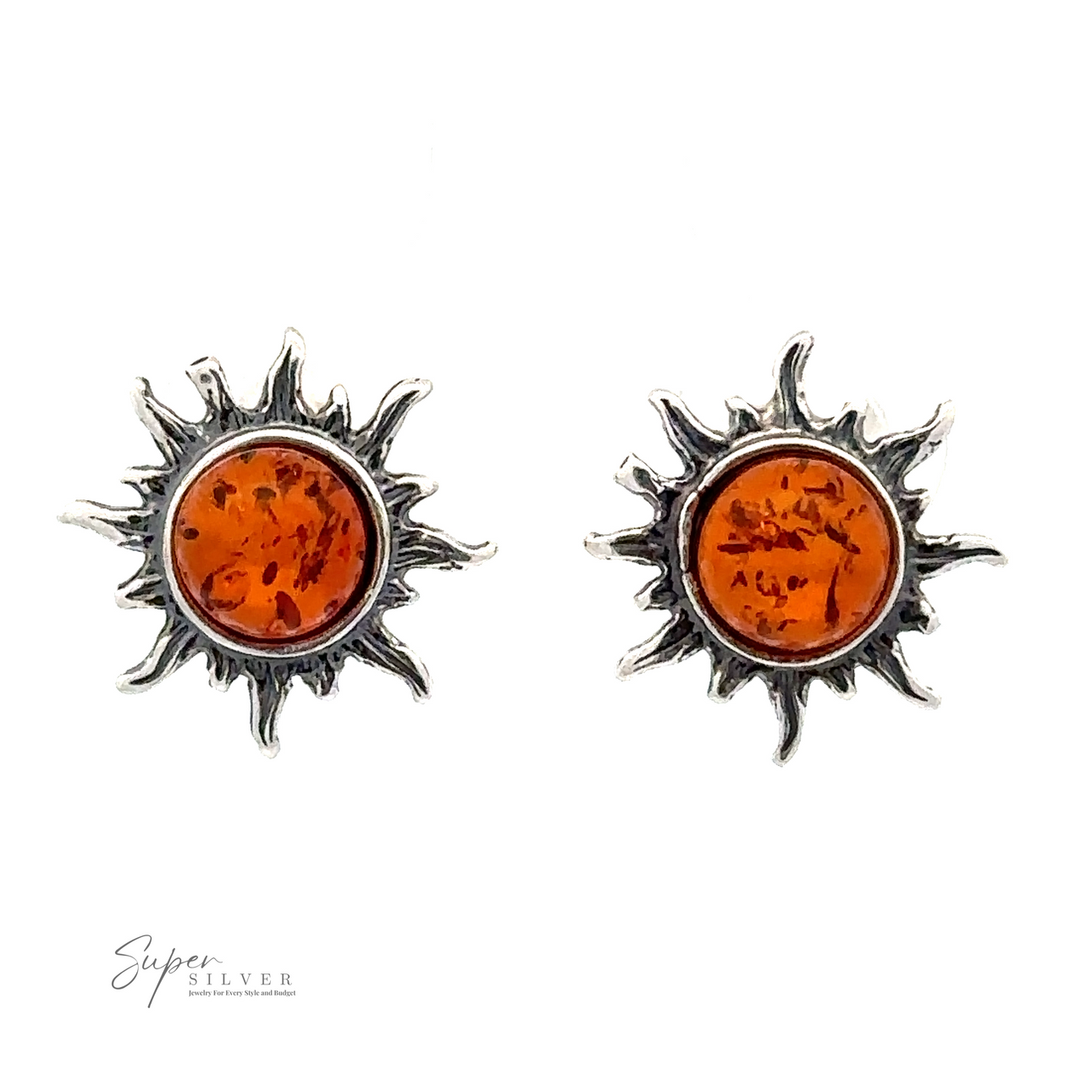 Brilliant Amber Sun Stud Earrings with circular Baltic amber stones in the center, set against a white background.