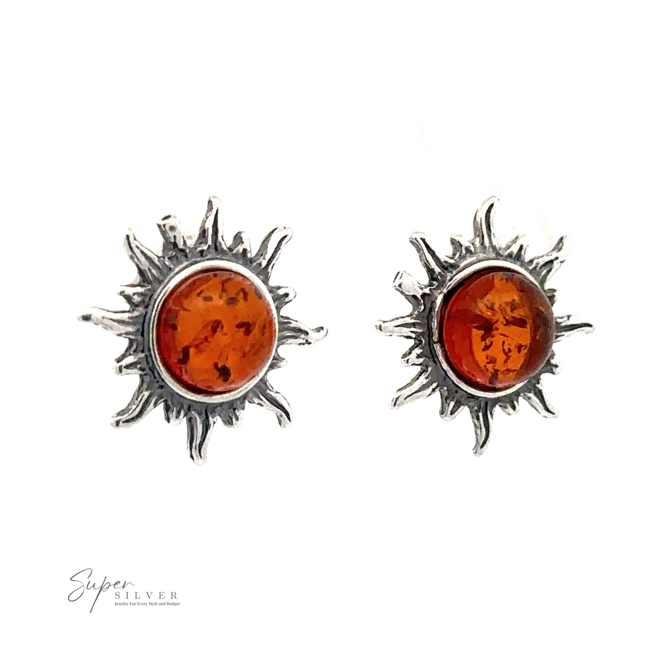 A pair of Brilliant Amber Sun Stud Earrings featuring Baltic amber stones in the center. The logo "Super Silver" is visible in the bottom left corner.