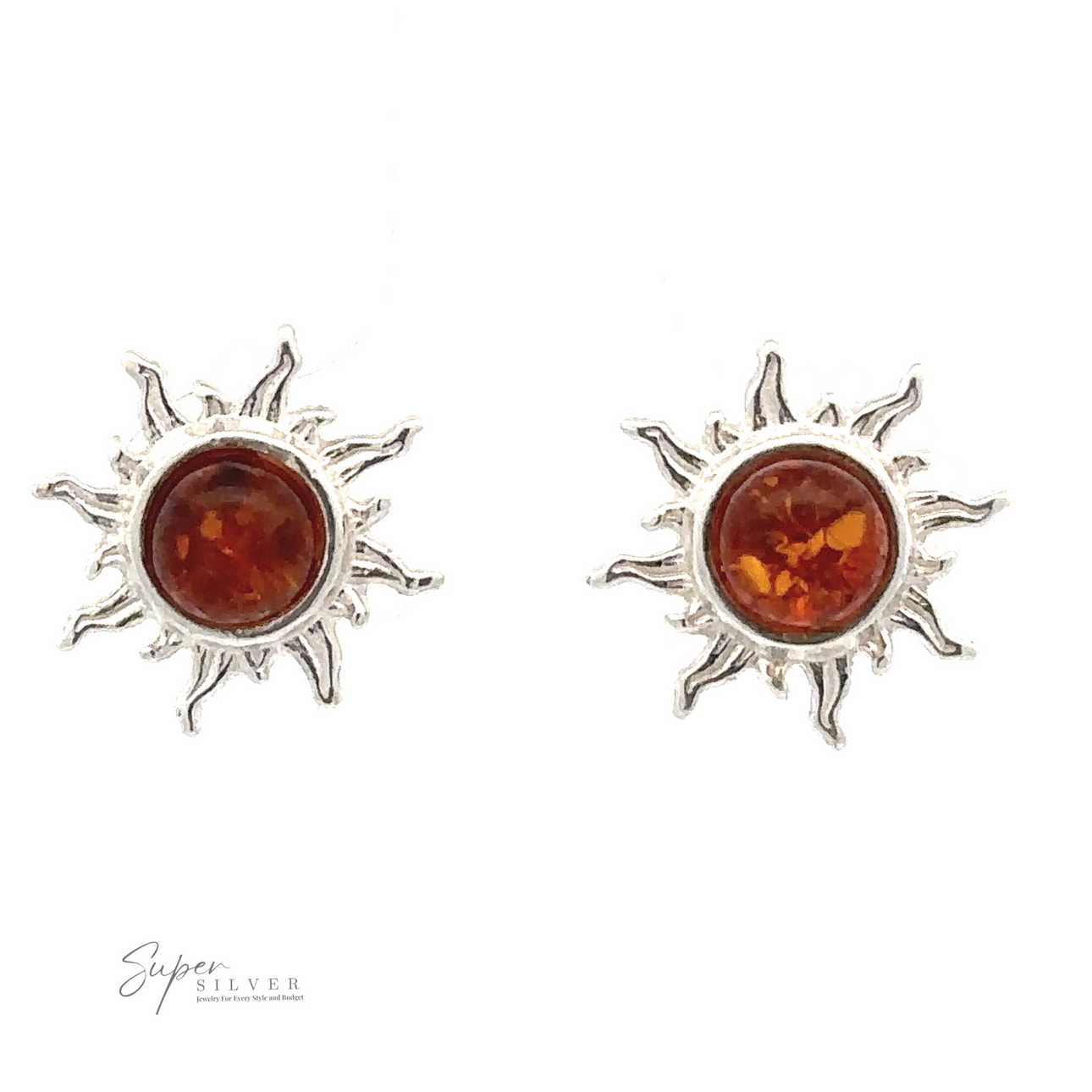 A pair of Brilliant Amber Sun Stud Earrings with amber-colored central gems crafted from Baltic amber set against a white background. The "Super Silver" logo graces the bottom left corner.