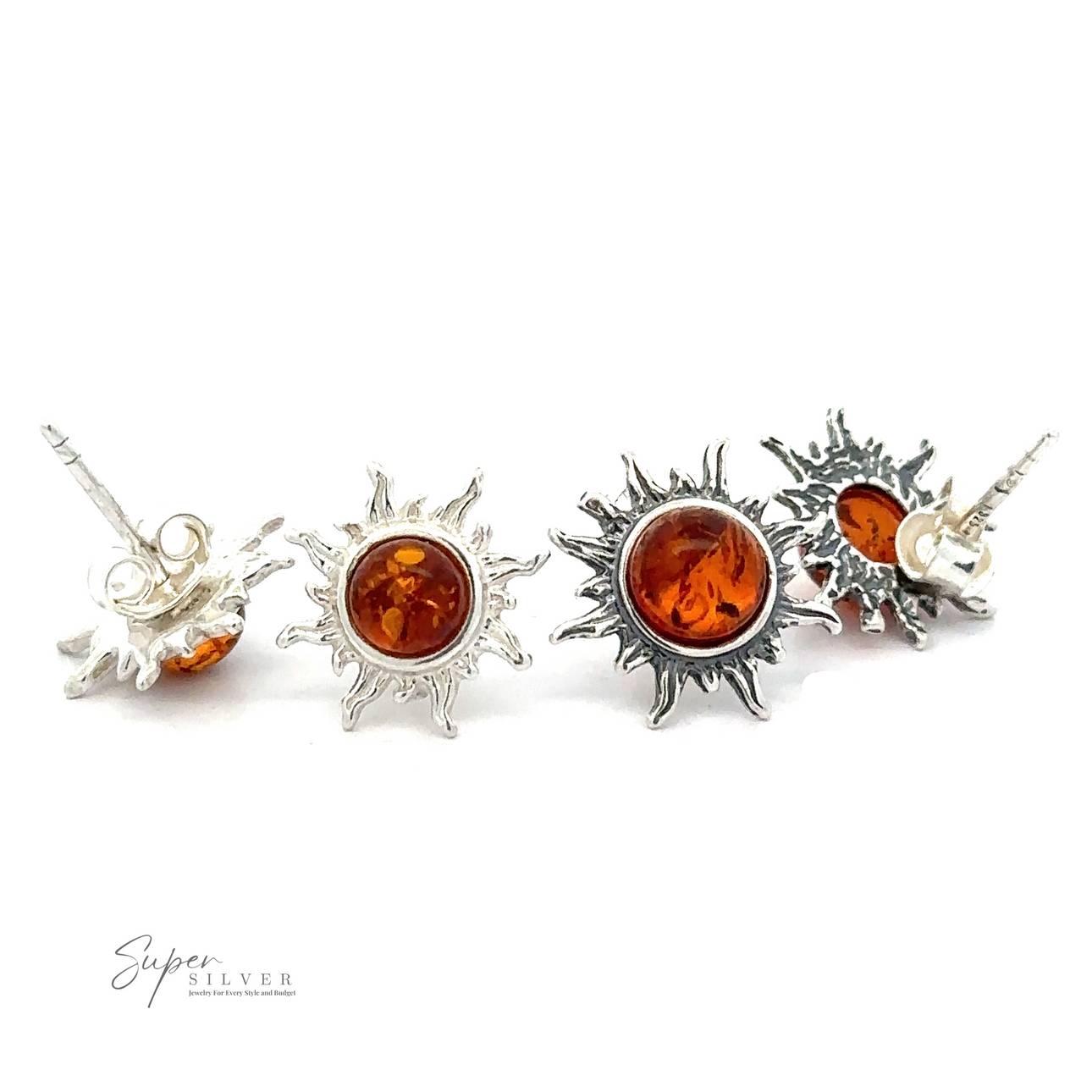 A set of Brilliant Amber Sun Stud Earrings displayed on a white background. The logo "Super Silver" is seen in the corner.