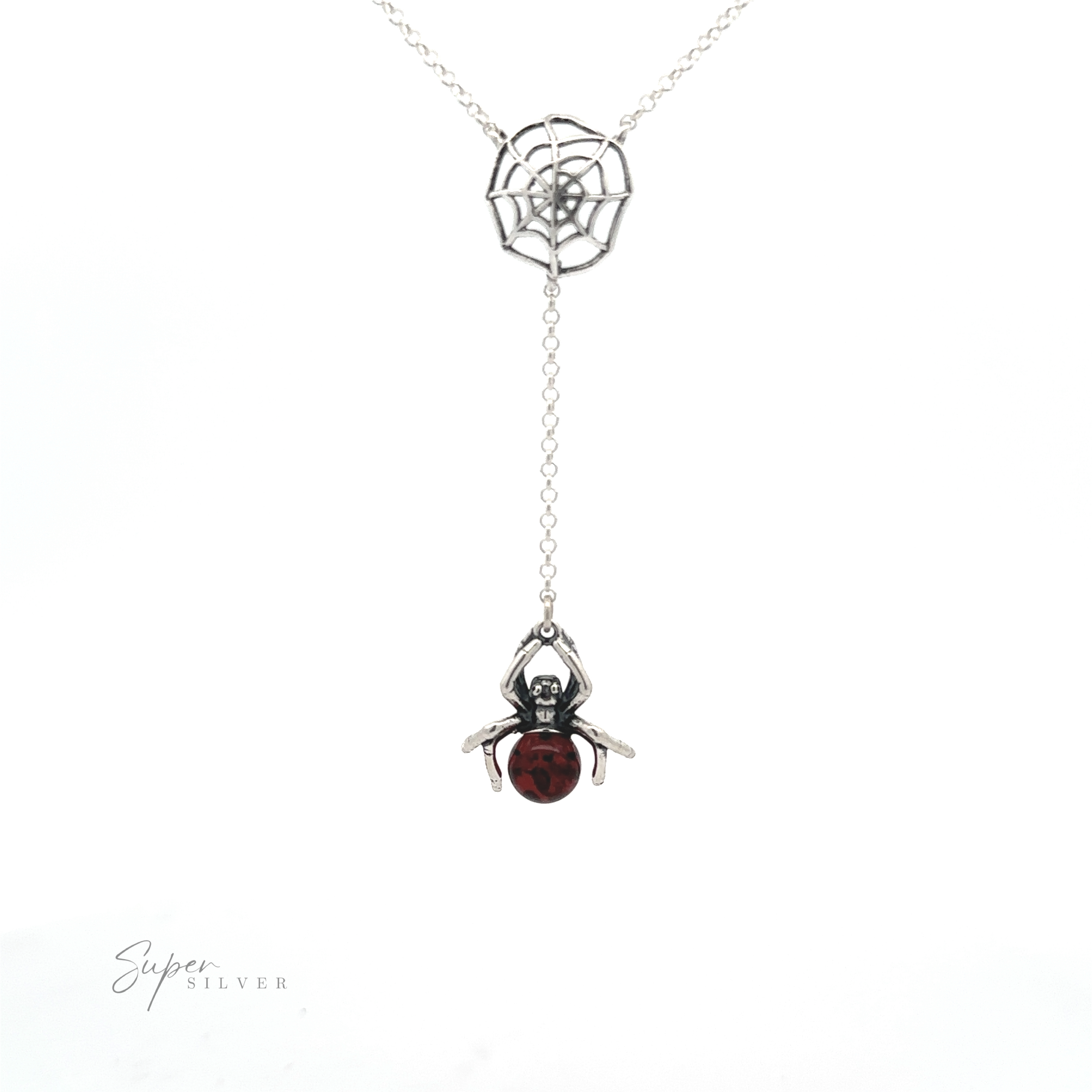 Baltic Amber Spider Necklace with a spiderweb pendant, featuring a chain that connects to a black widow spider charm at the bottom. This piece exudes a witchy vibe, reminiscent of an amber necklace woven with mystical threads.