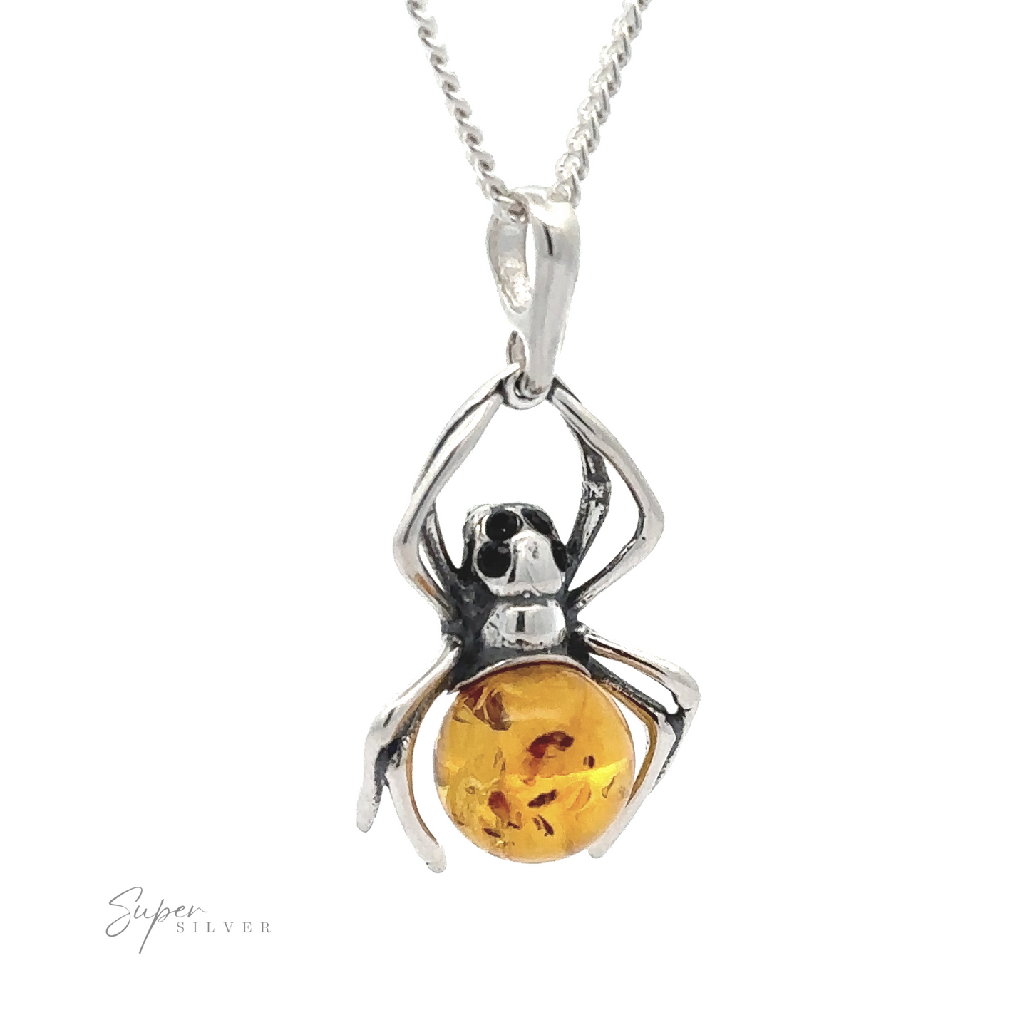 This Baltic Amber Spider Pendant with Onyx Eyes features a striking silver spider with onyx eyes and a round amber gemstone body, perfect for gothic fashion enthusiasts.