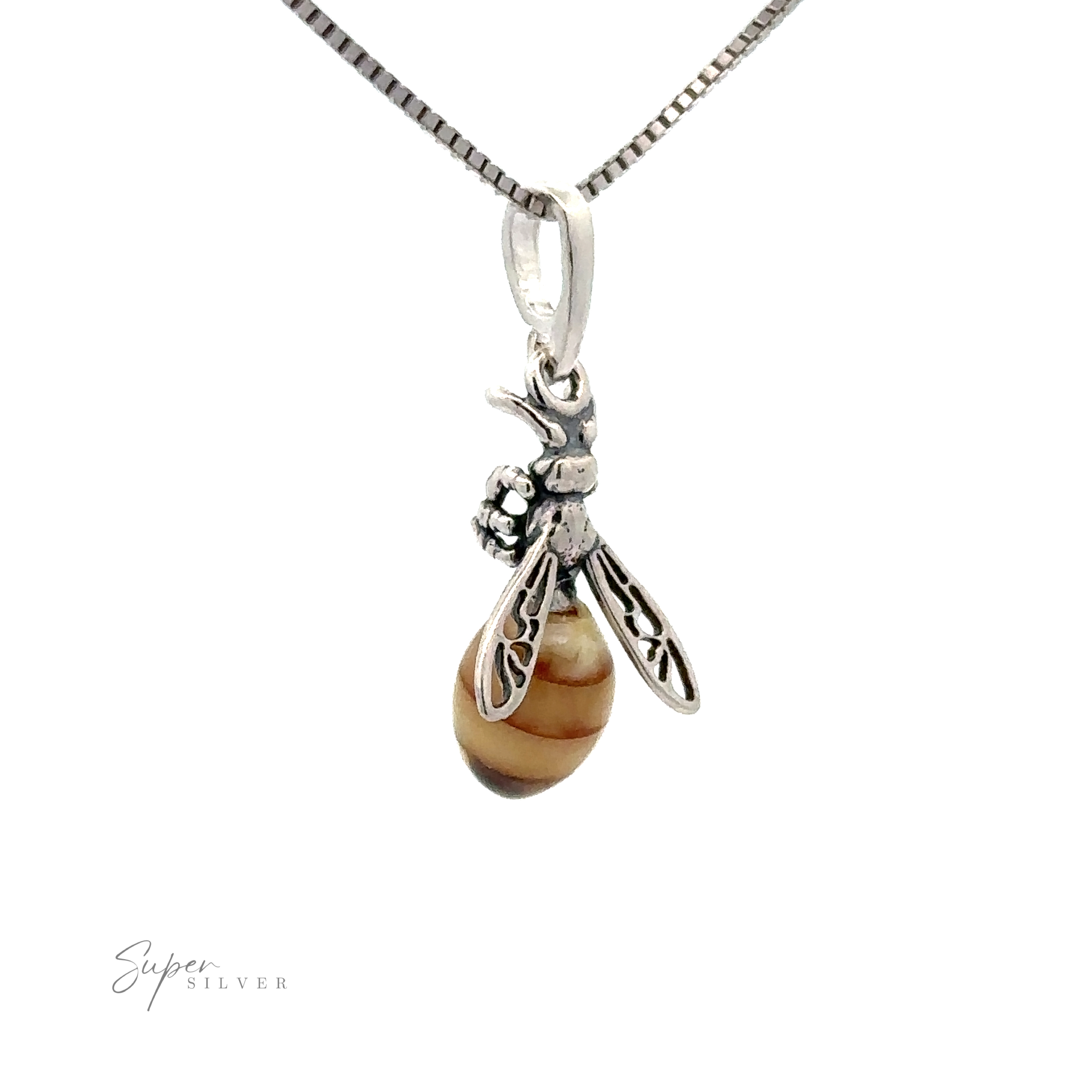 A Beautiful Amber Yellow Jacket Pendant with detailed wings and a polished, amber-colored drop of Baltic amber hangs from a silver chain against a white background.