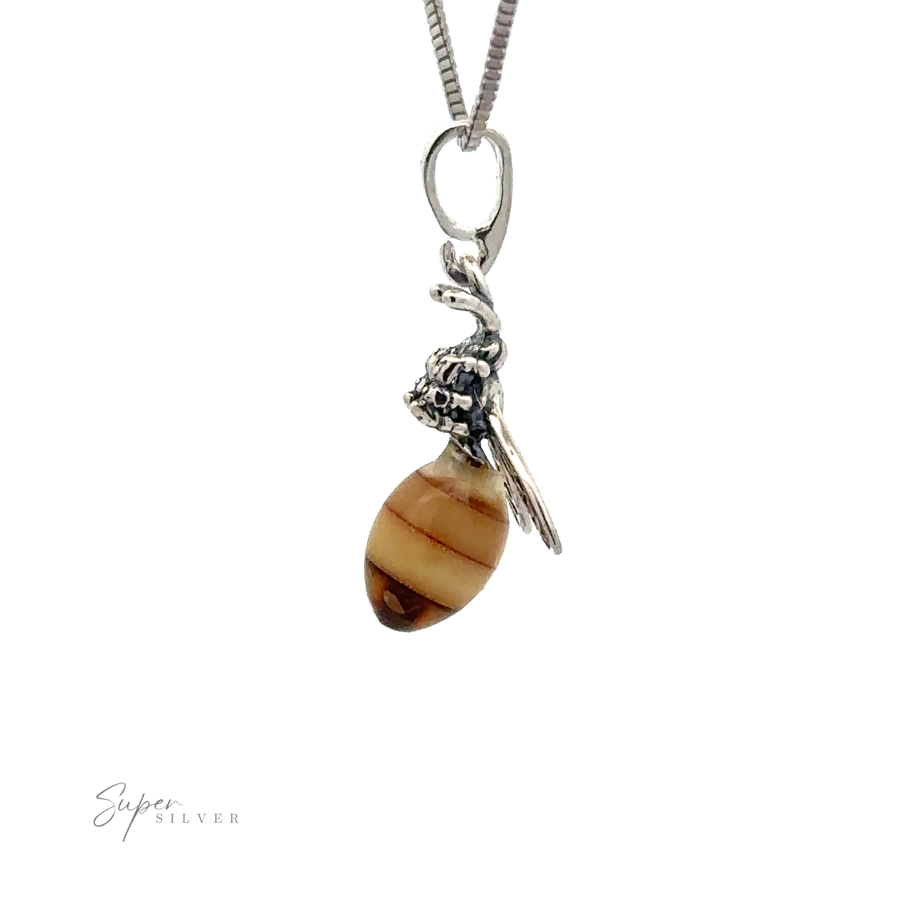 A Beautiful Amber Yellow Jacket Pendant with a brown striped body made of Baltic amber, hanging from a simple chain. The bee has detailed wings and antennae.