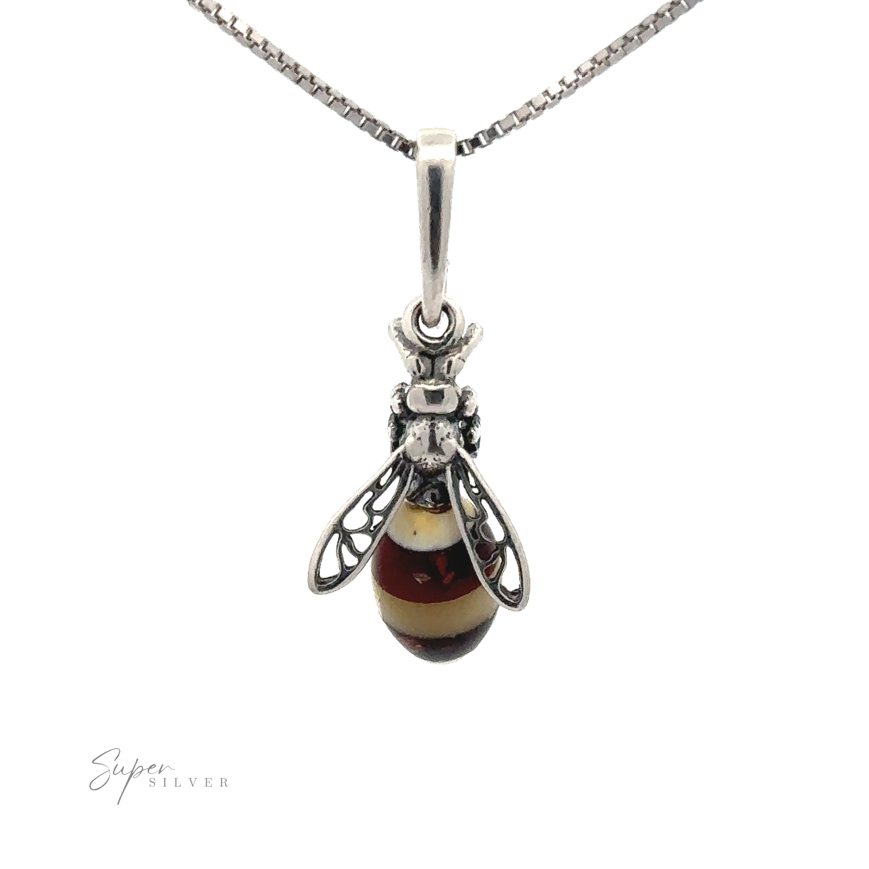 A Beautiful Amber Yellow Jacket Pendant with detailed wings and a striped body, accented with Baltic amber, hanging gracefully from a silver chain.