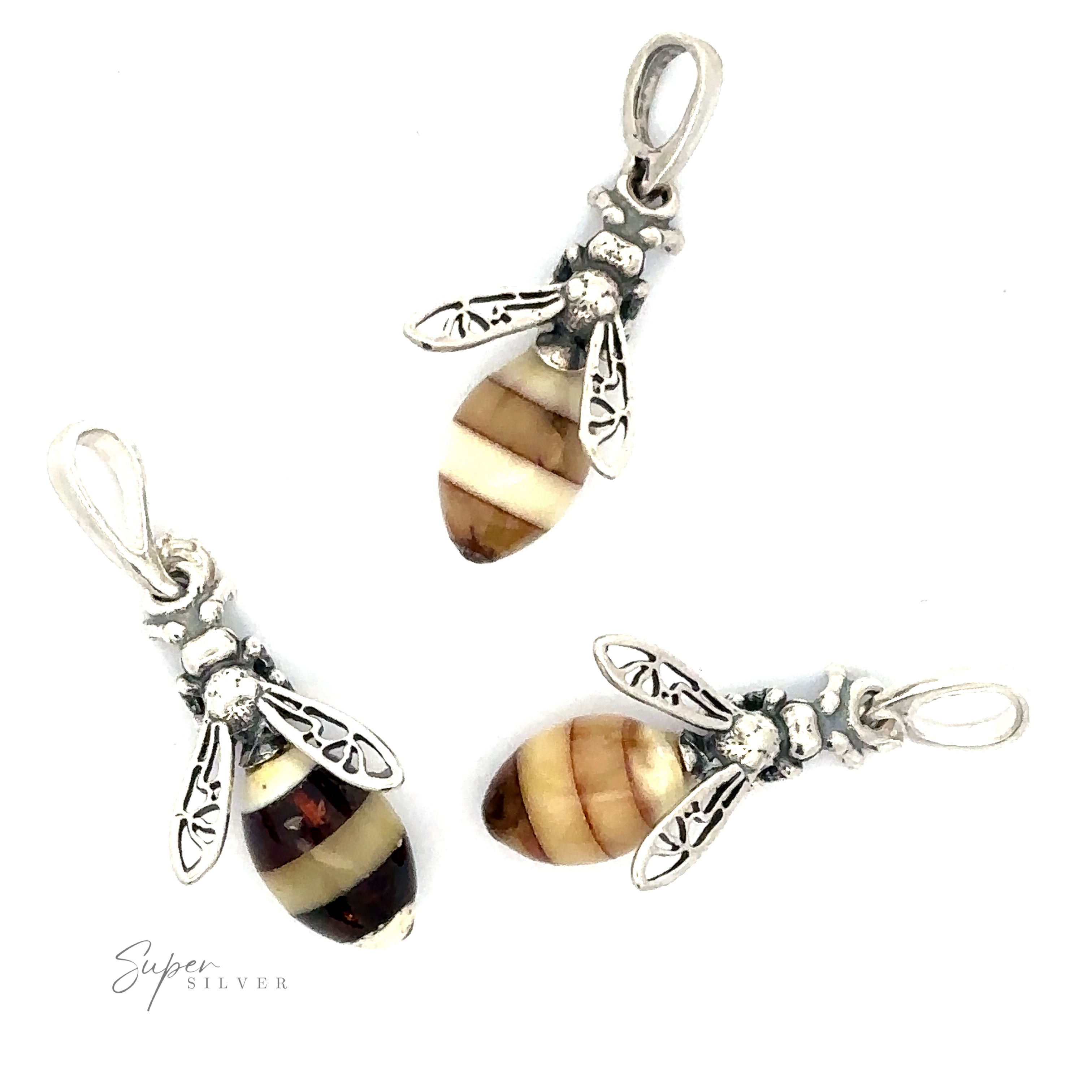 Three Beautiful Amber Yellow Jacket Pendants with striped bodies, each featuring a touch of Baltic amber, positioned against a plain white background.