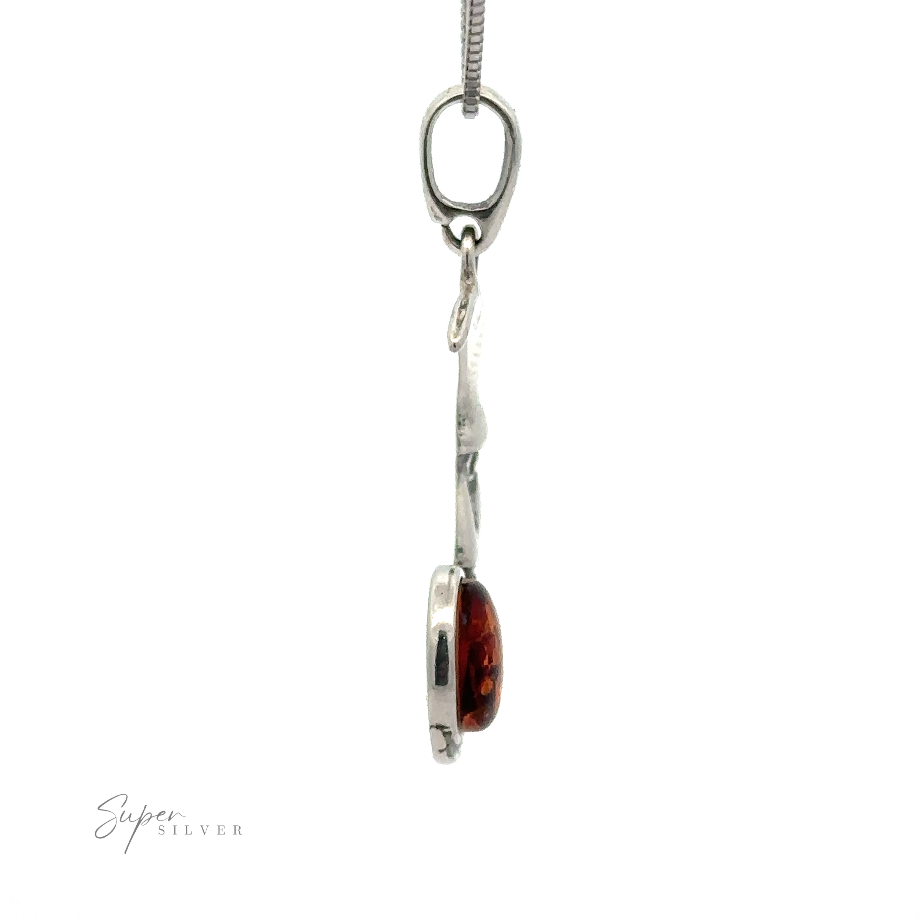 Side view of a sterling silver pendant featuring a Baltic Amber Man in the Moon Pendant, hanging on a silver chain, with "Super Silver" written in the lower left corner.