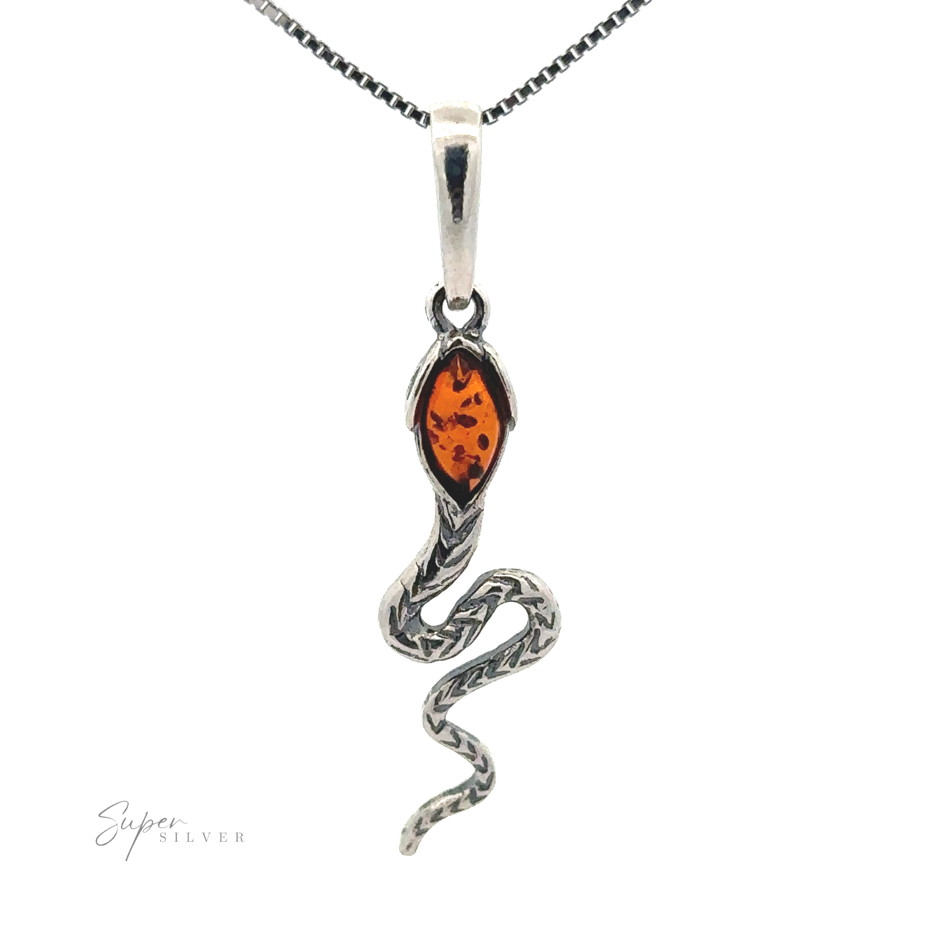 A sterling silver Alluring Amber Snake Pendant featuring a Baltic amber gemstone at its head, gracefully attached to a chain.
