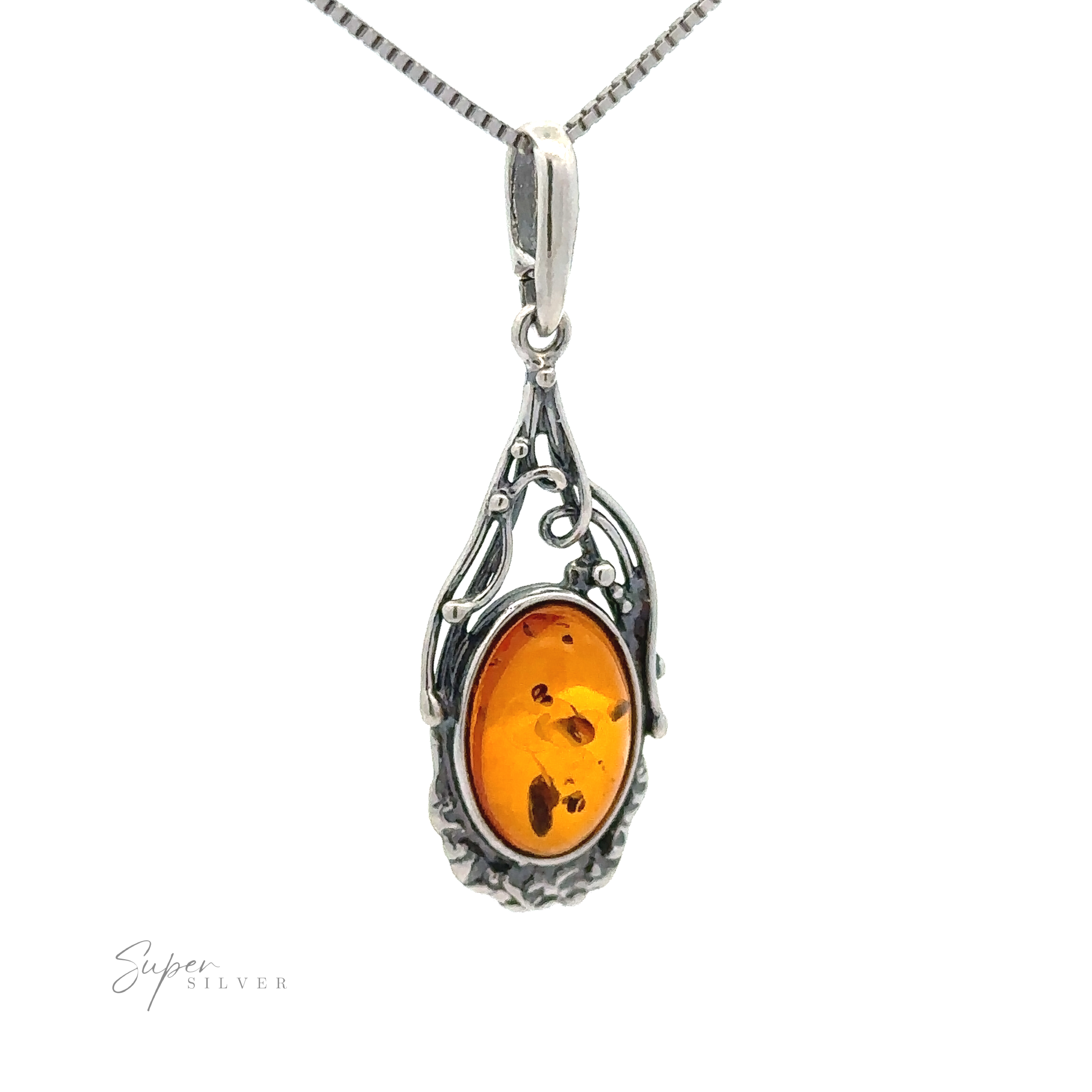 A vintage-styled silver necklace with an ornate pendant featuring an Antique Style Amber Pendant set in an intricate, old-world design.