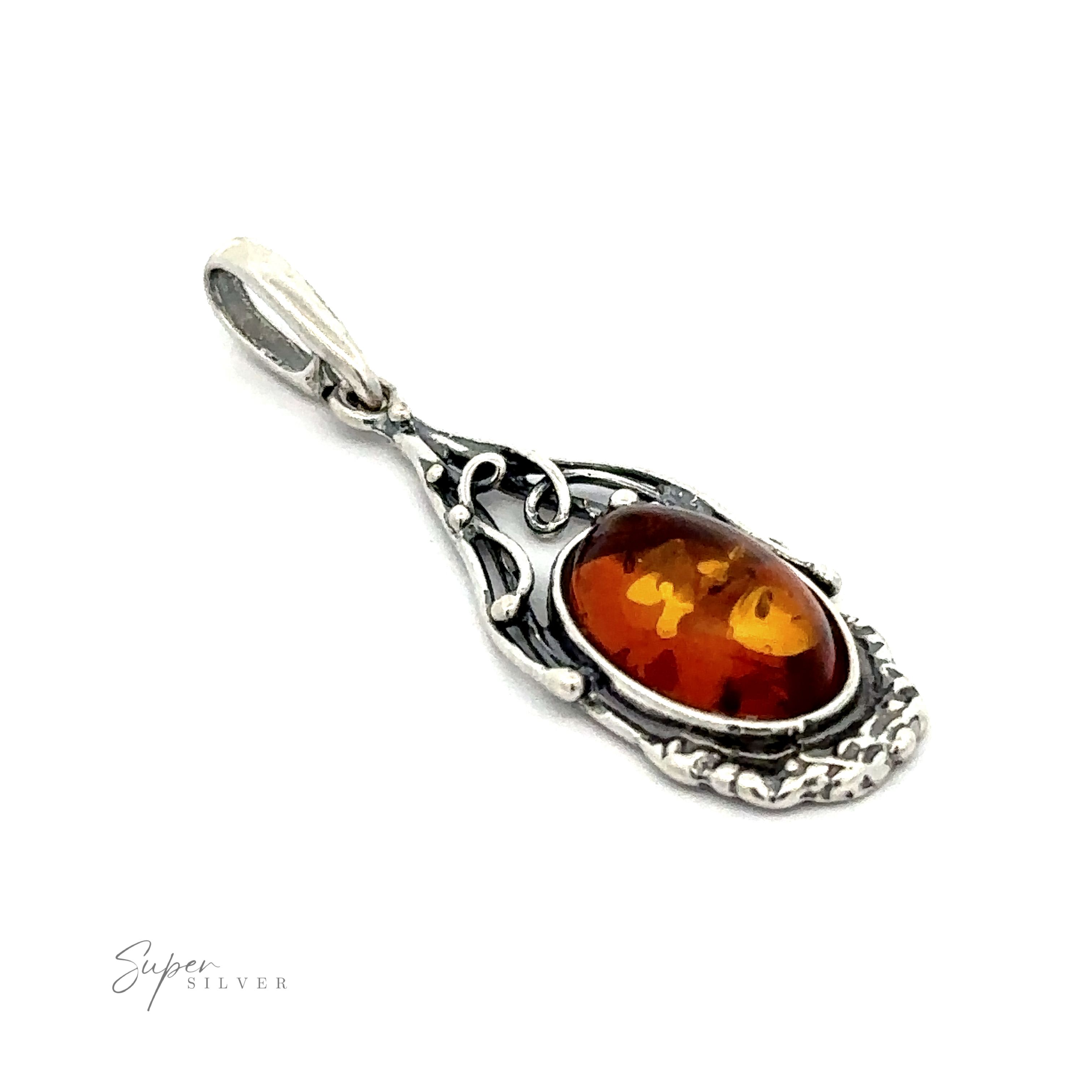 A vintage-styled silver pendant with an ornate design, featuring a stunning oval Baltic Amber stone in the center, displayed on a white background. Text reads "Antique Style Amber Pendant.