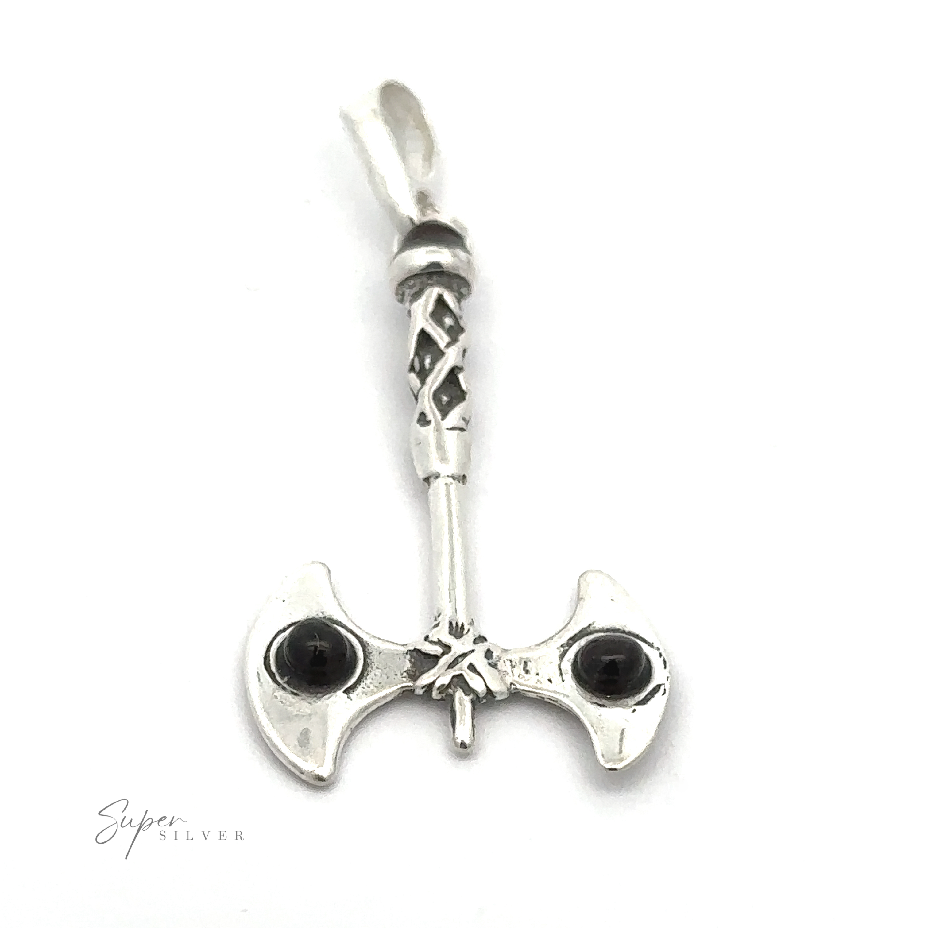 A silver battle axe pendant shaped like a double-headed axe with two dark gemstone accents on either blade. The handle has intricate detailing. "Amber Accented Battle Axe Pendant" is inscribed at the bottom left, making this warrior necklace an exquisite piece for any collection.