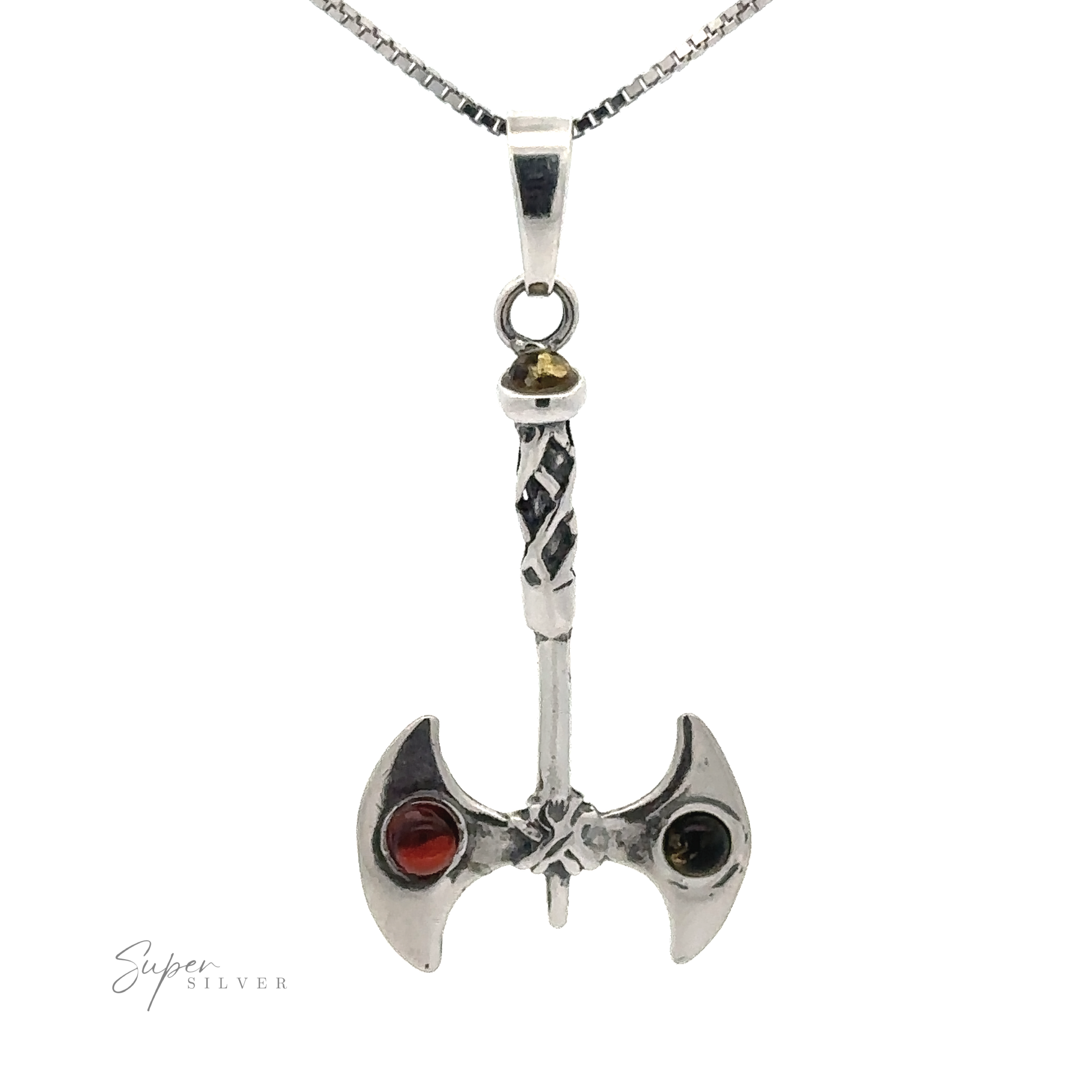 A silver Amber Accented Battle Axe Pendant with a red and green gem on the blades, hanging from a silver chain, symbolizes warrior courage.