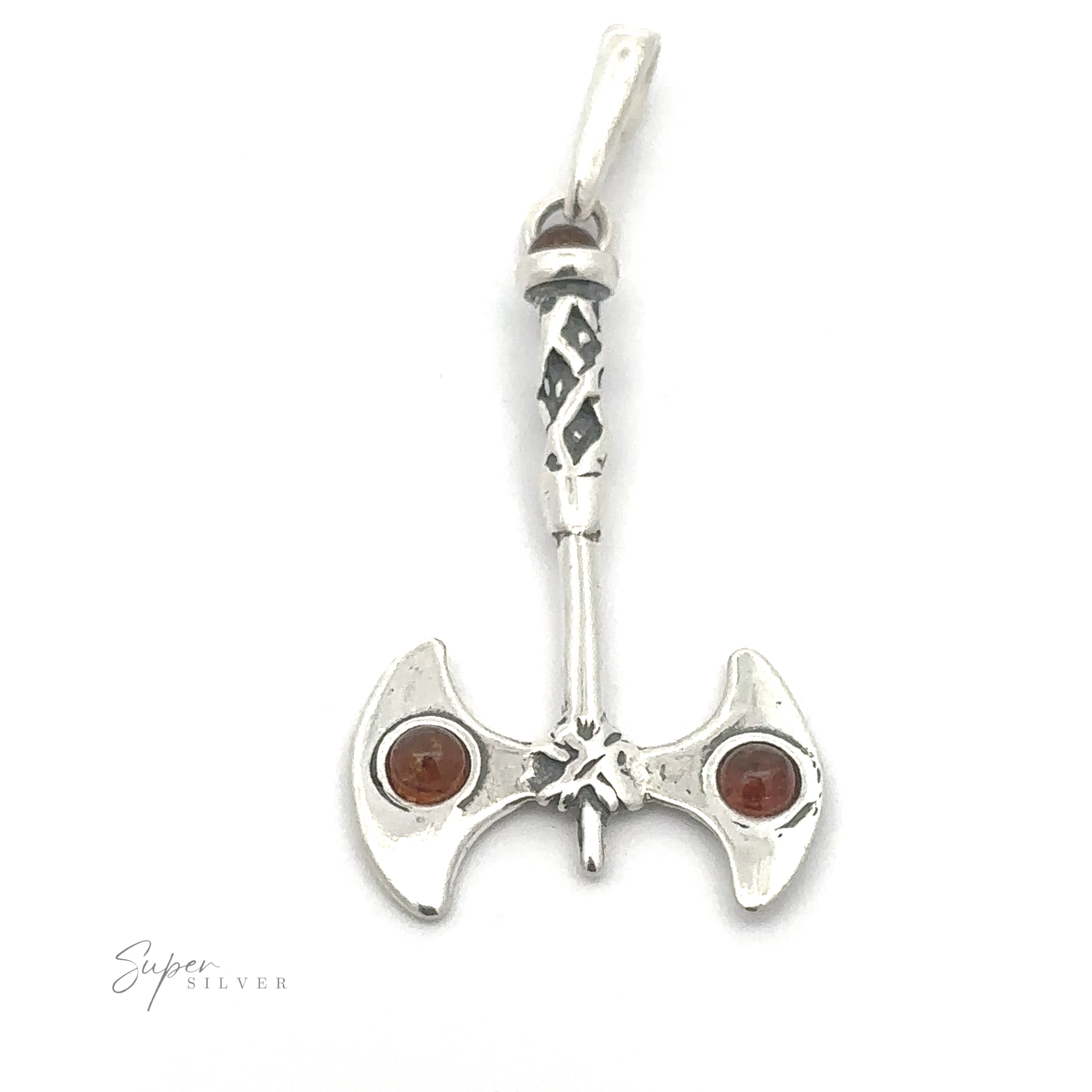 An Amber Accented Battle Axe Pendant with two small Baltic amber stones on each blade, featuring a detailed handle and a loop for hanging.