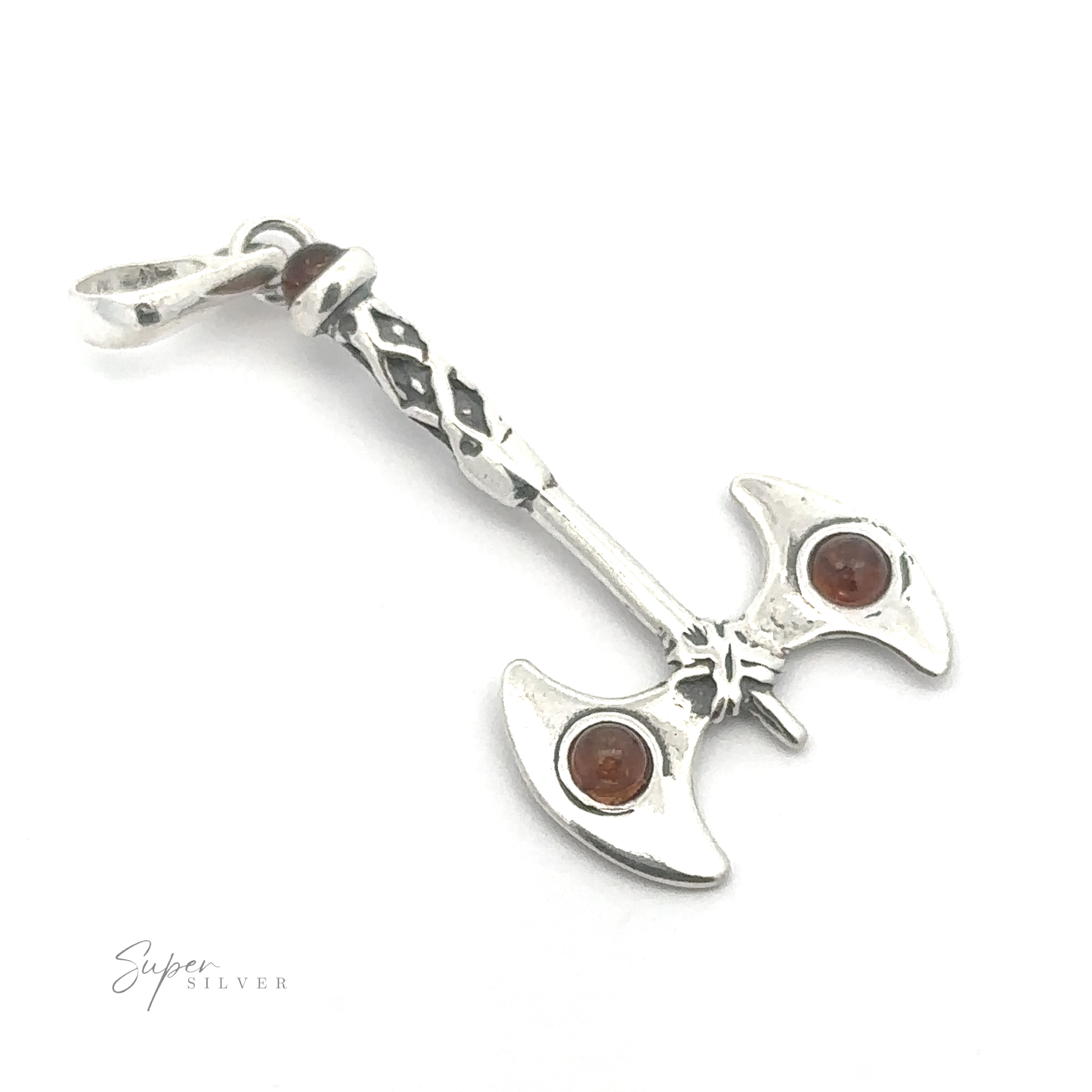 A silver Amber Accented Battle Axe Pendant with intricate detailing and two small Baltic amber stones set in the blade. "Super Silver" is written in script on the lower-left corner.