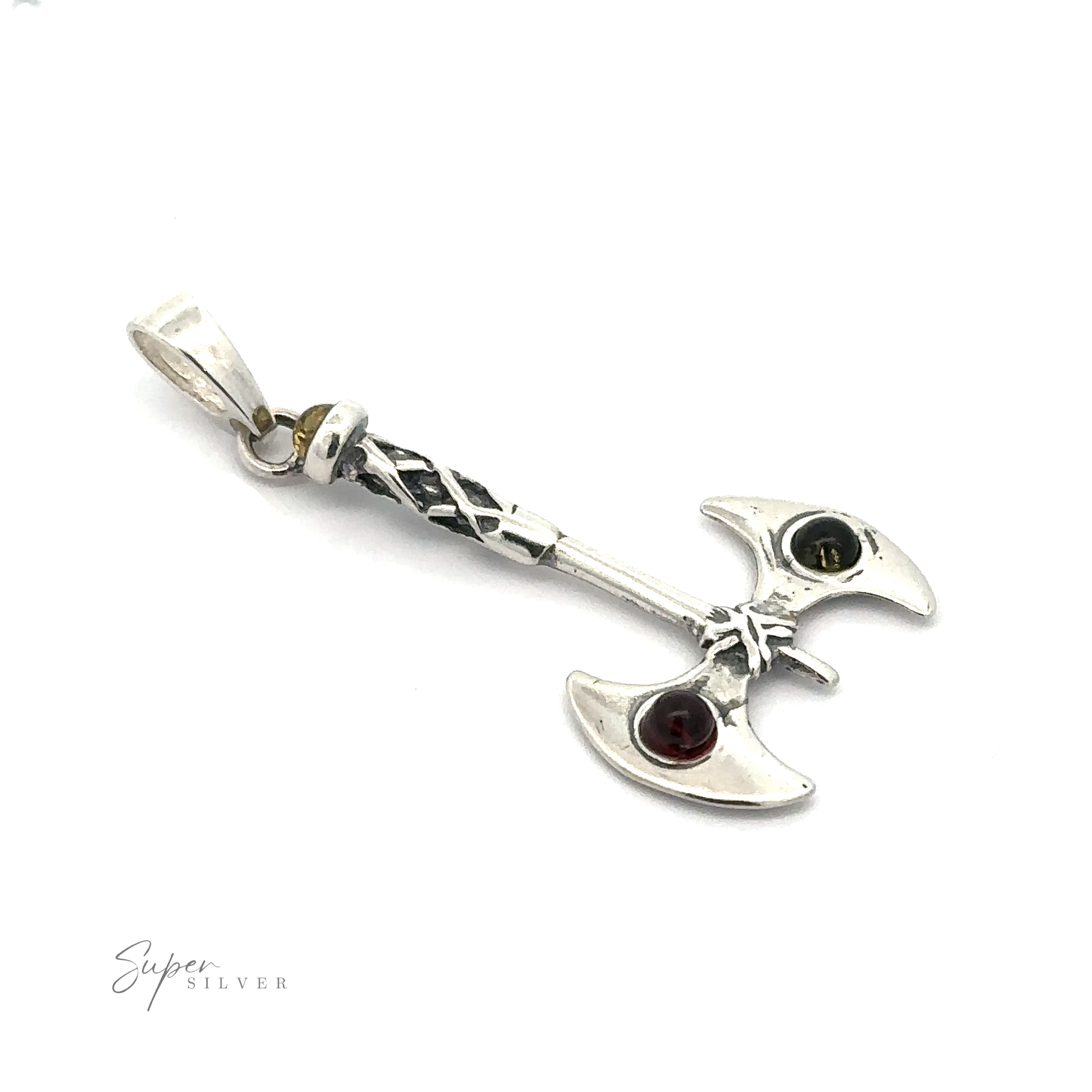 A silver Amber Accented Battle Axe Pendant with two embedded Baltic amber stones and a loop at the top for a chain. The pendant, evocative of warrior courage, features an intricate design on the handle.