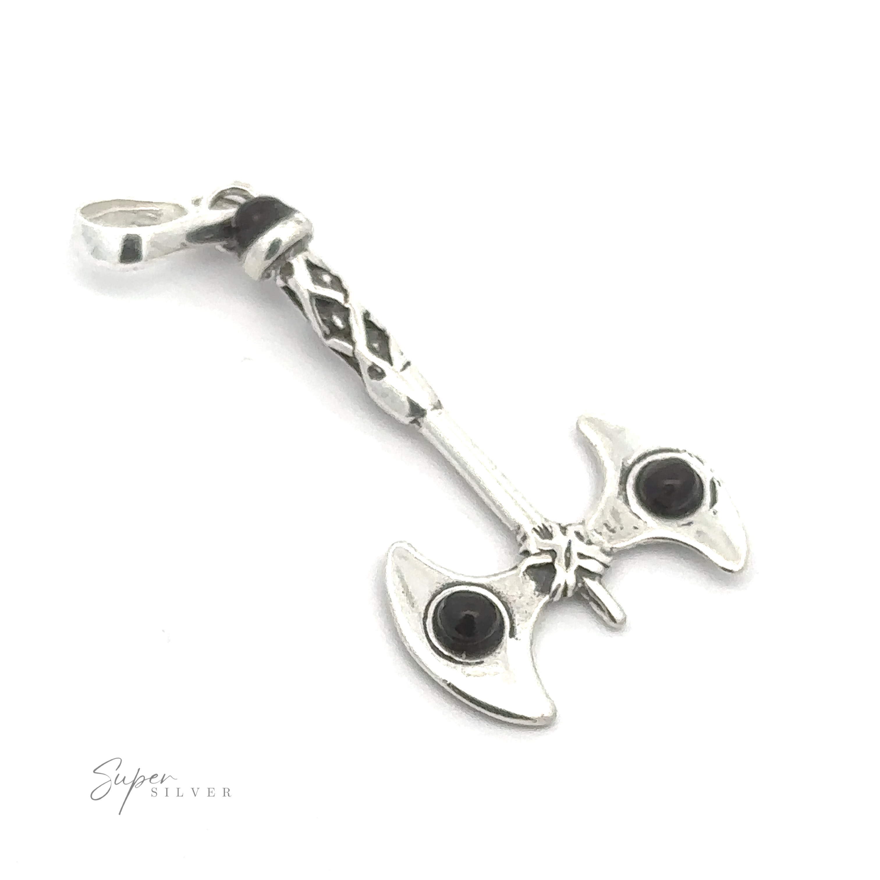Amber Accented Battle Axe Pendant with intricate detailing and two black stones embedded in the blades. A touch of Baltic amber adds a warm contrast, and the brand name "Super Silver" is elegantly visible in the bottom left corner.