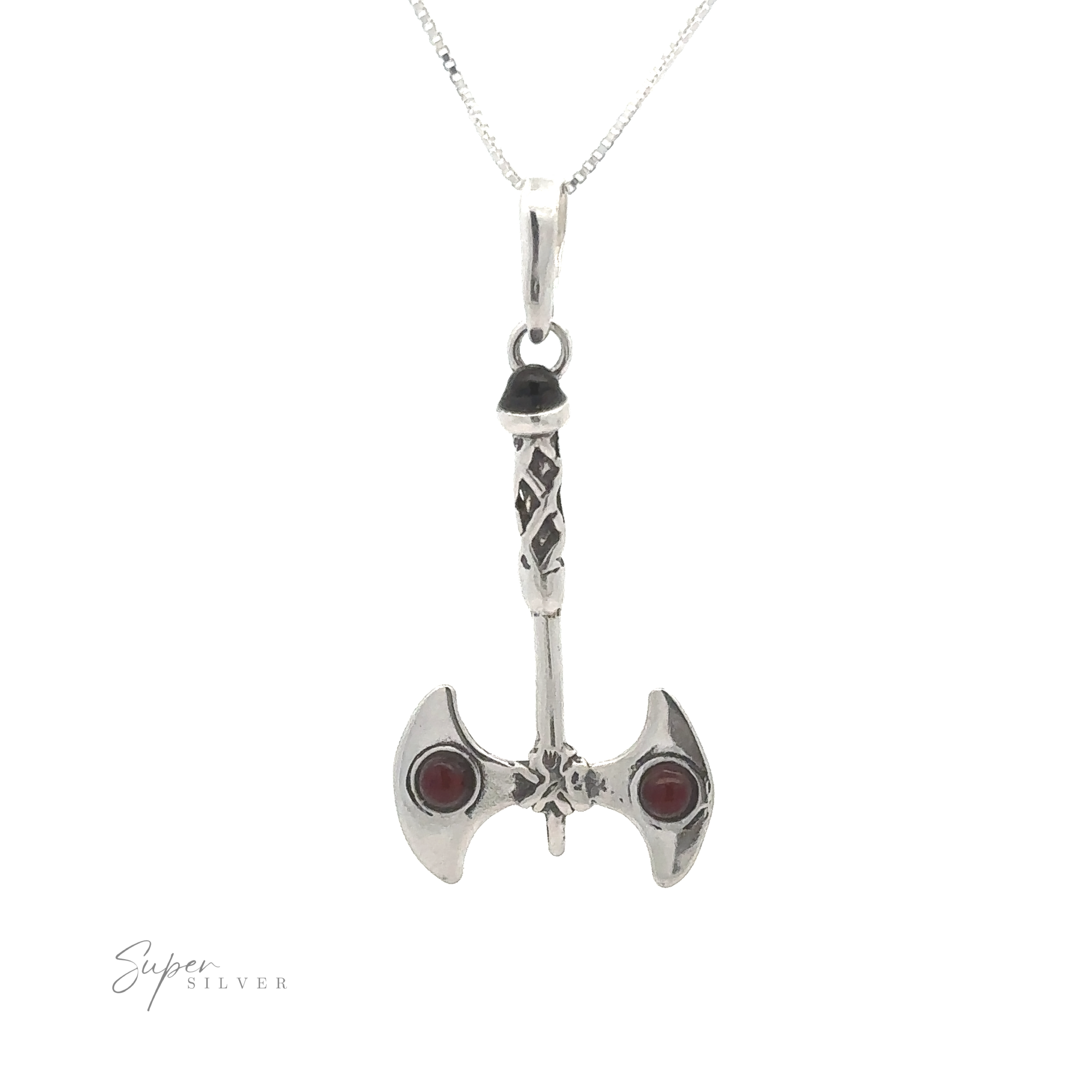 A silver Amber Accented Battle Axe Pendant with two red stones embedded on the blade, hanging from a delicate chain. The logo "Super Silver" is present in the bottom left corner.