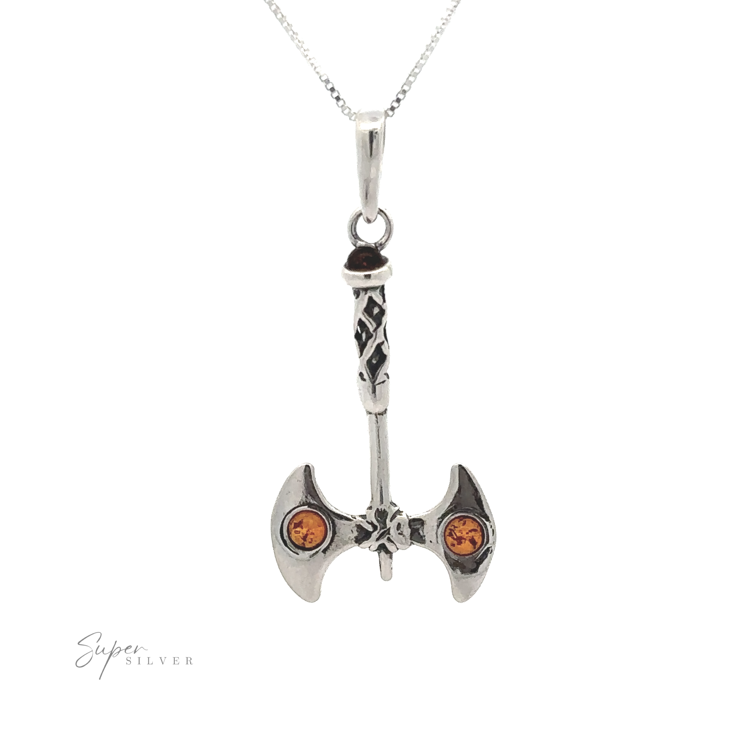 An Amber Accented Battle Axe Pendant with intricate designs and two orange gemstones, suspended on a chain like a warrior necklace. The word "Super Silver" is visible in the lower left corner.