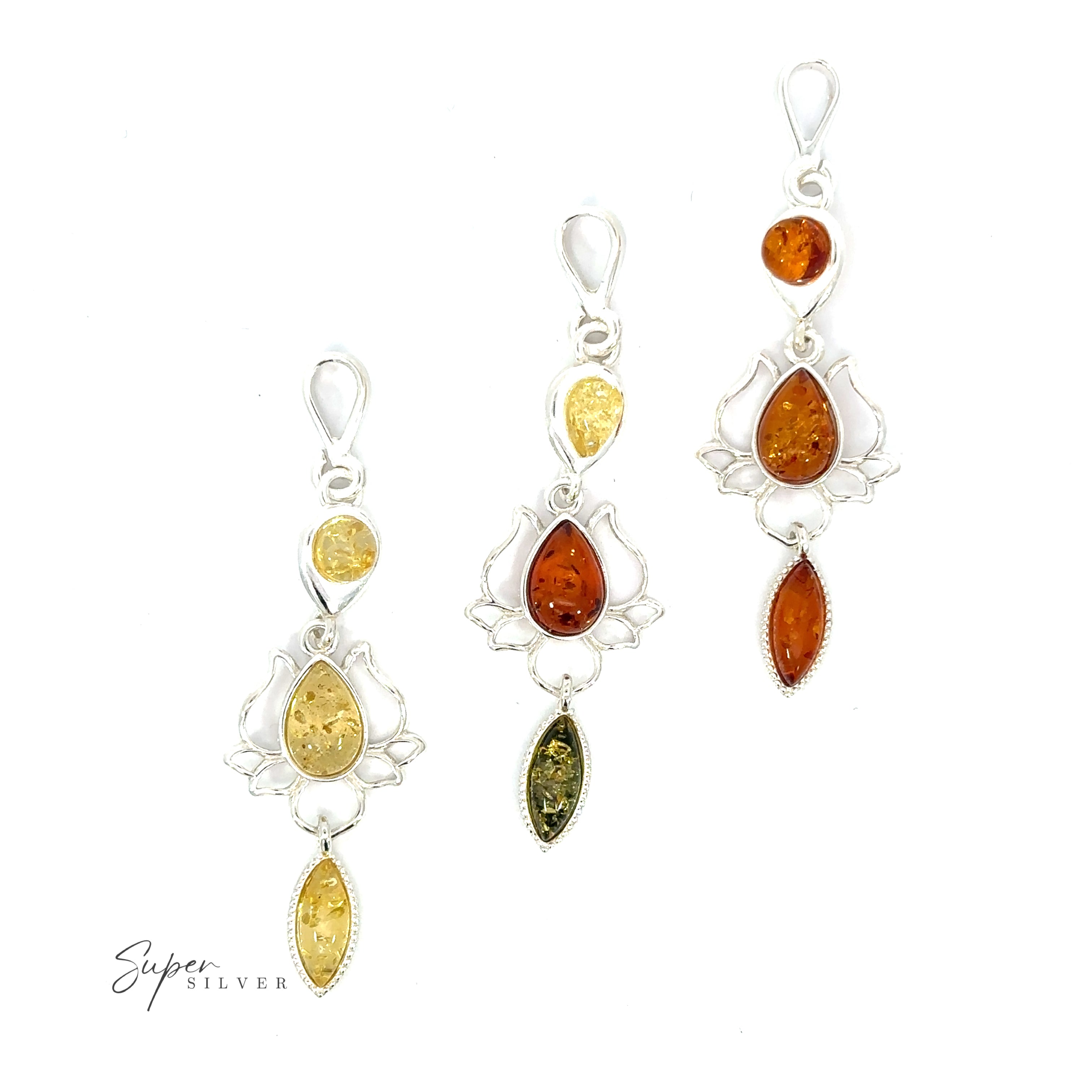 Boho chic Baltic amber Lotus Flower Pendant dangle earrings.