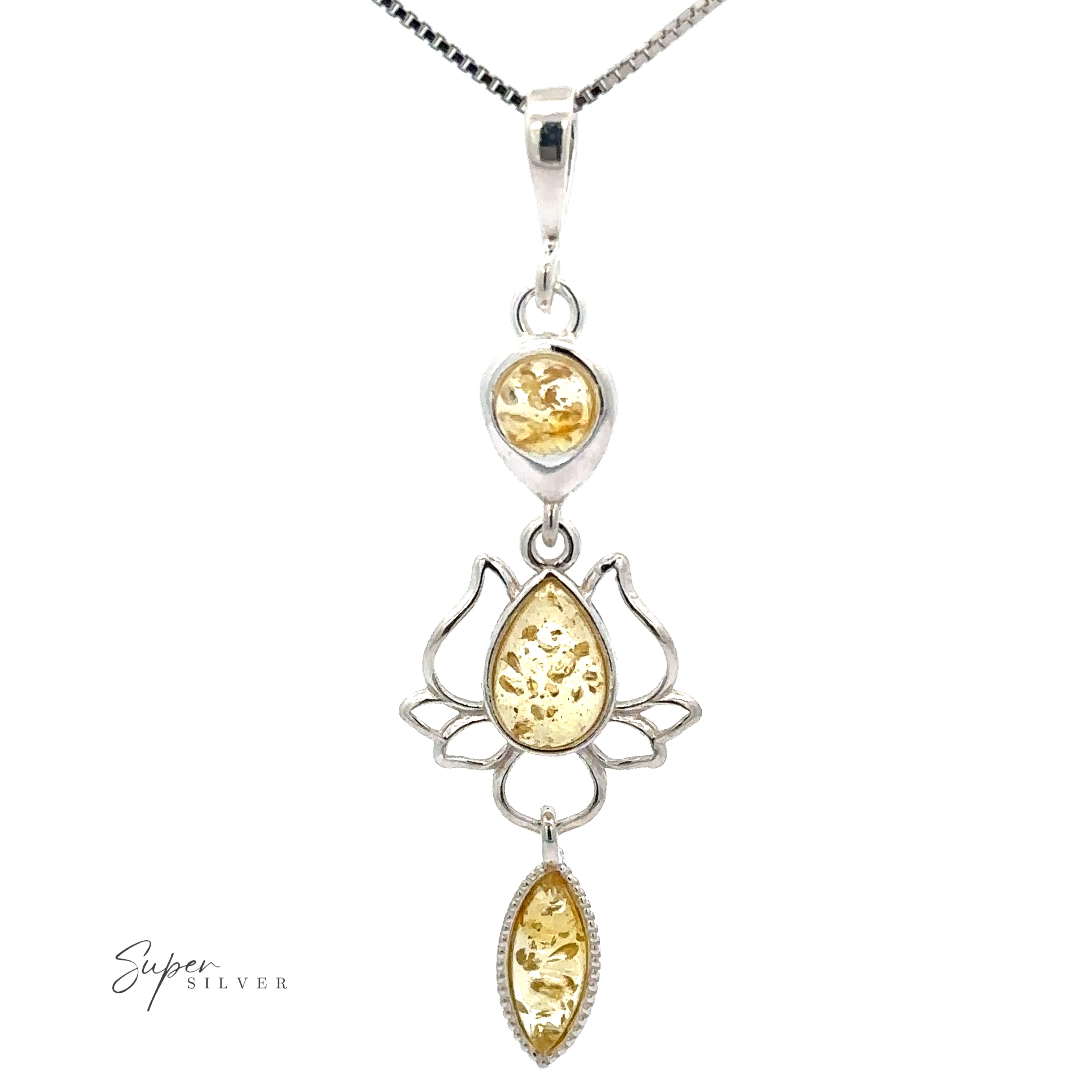 An Amber Lotus Flower Pendant necklace that exudes boho chic sophistication in sterling silver.