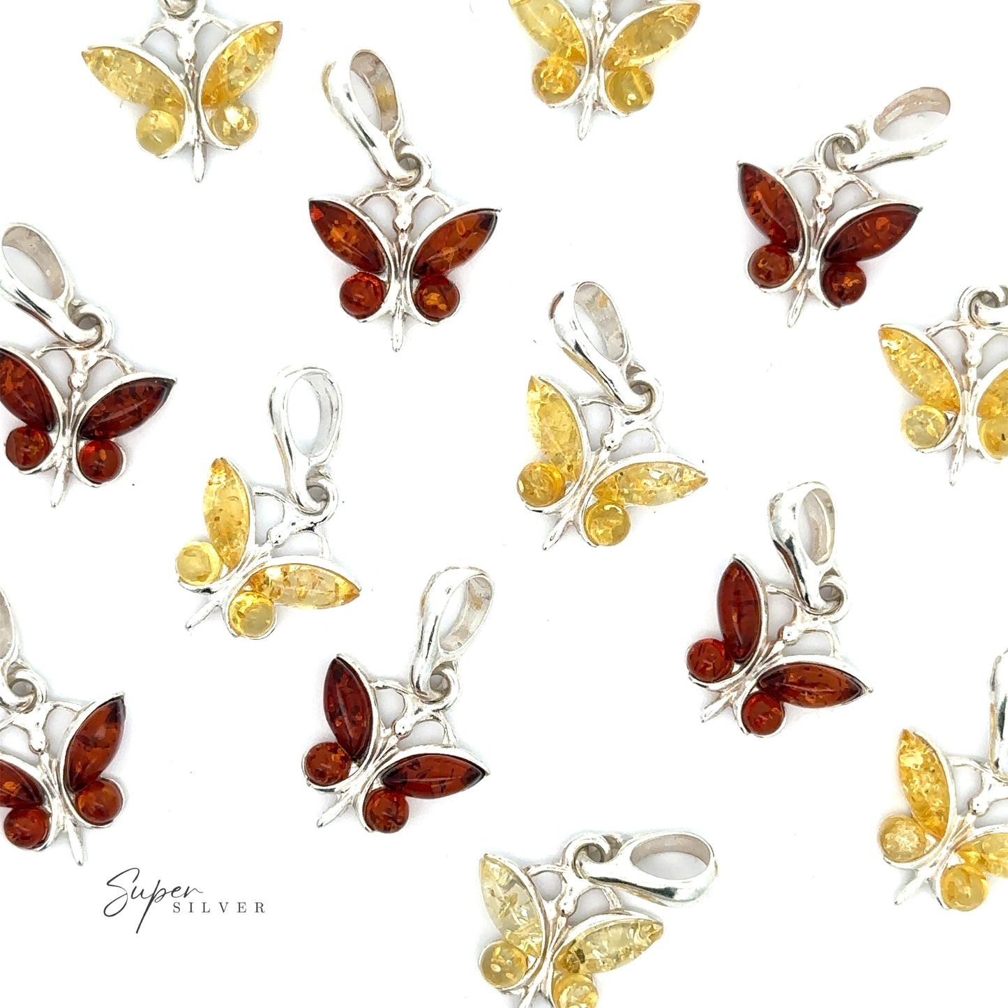 A collection of nature-inspired Small Amber Butterfly Pendants, showcasing vibrant colors of amber.