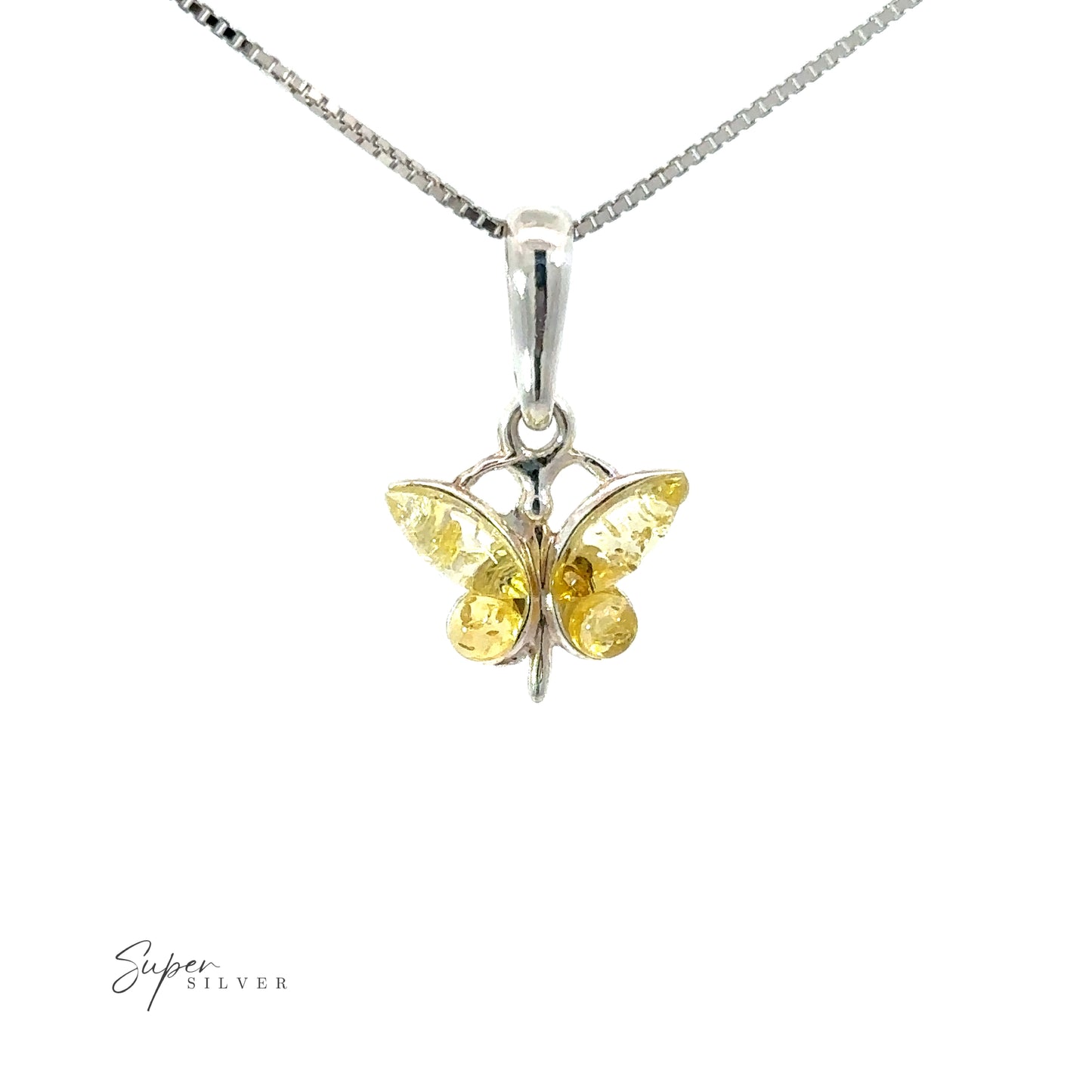 
                  
                    A nature-inspired Small Amber Butterfly Pendant with a yellow sapphire on a silver chain.
                  
                