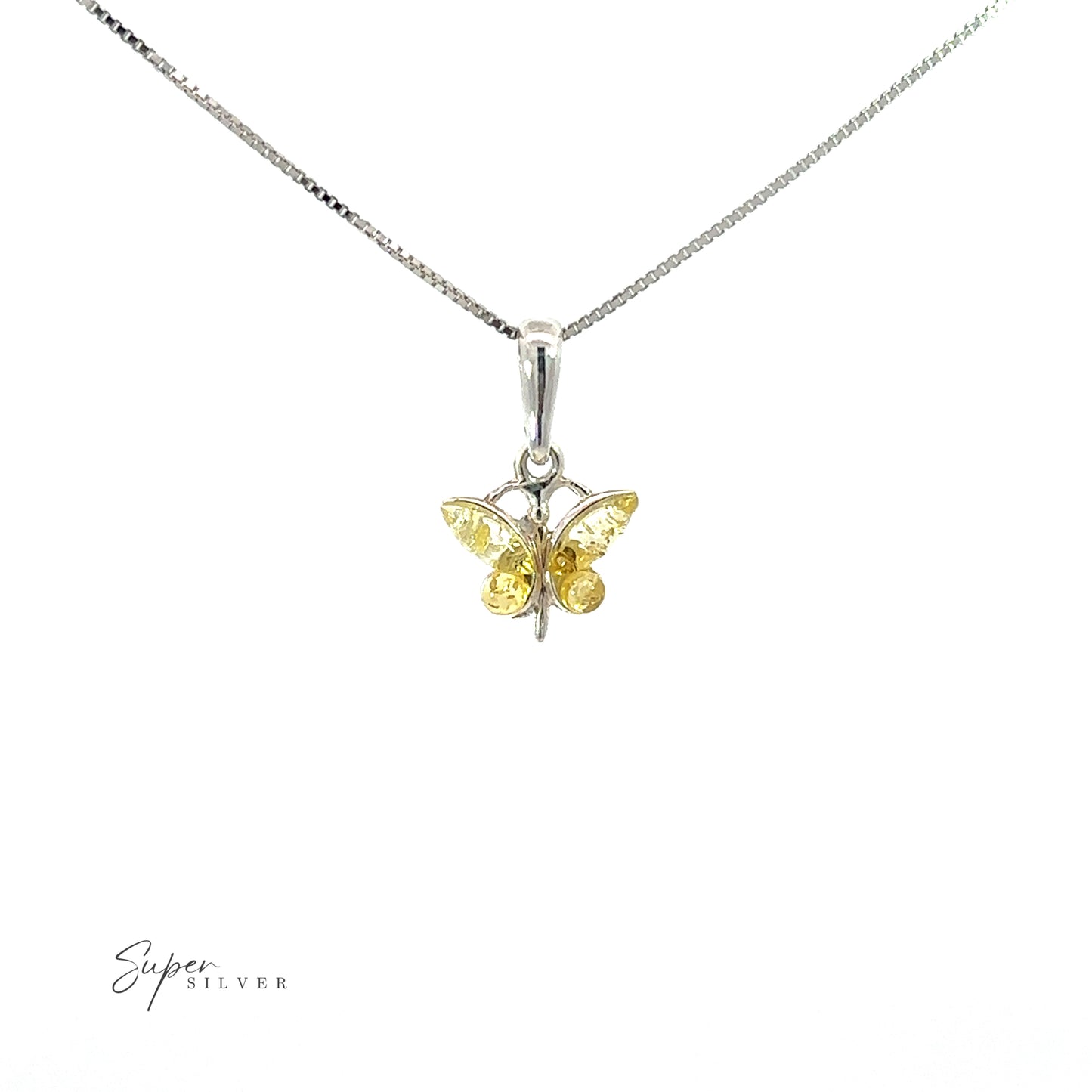 
                  
                    A small amber butterfly pendant with a yellow sapphire on a silver chain, perfect for daily style.
                  
                