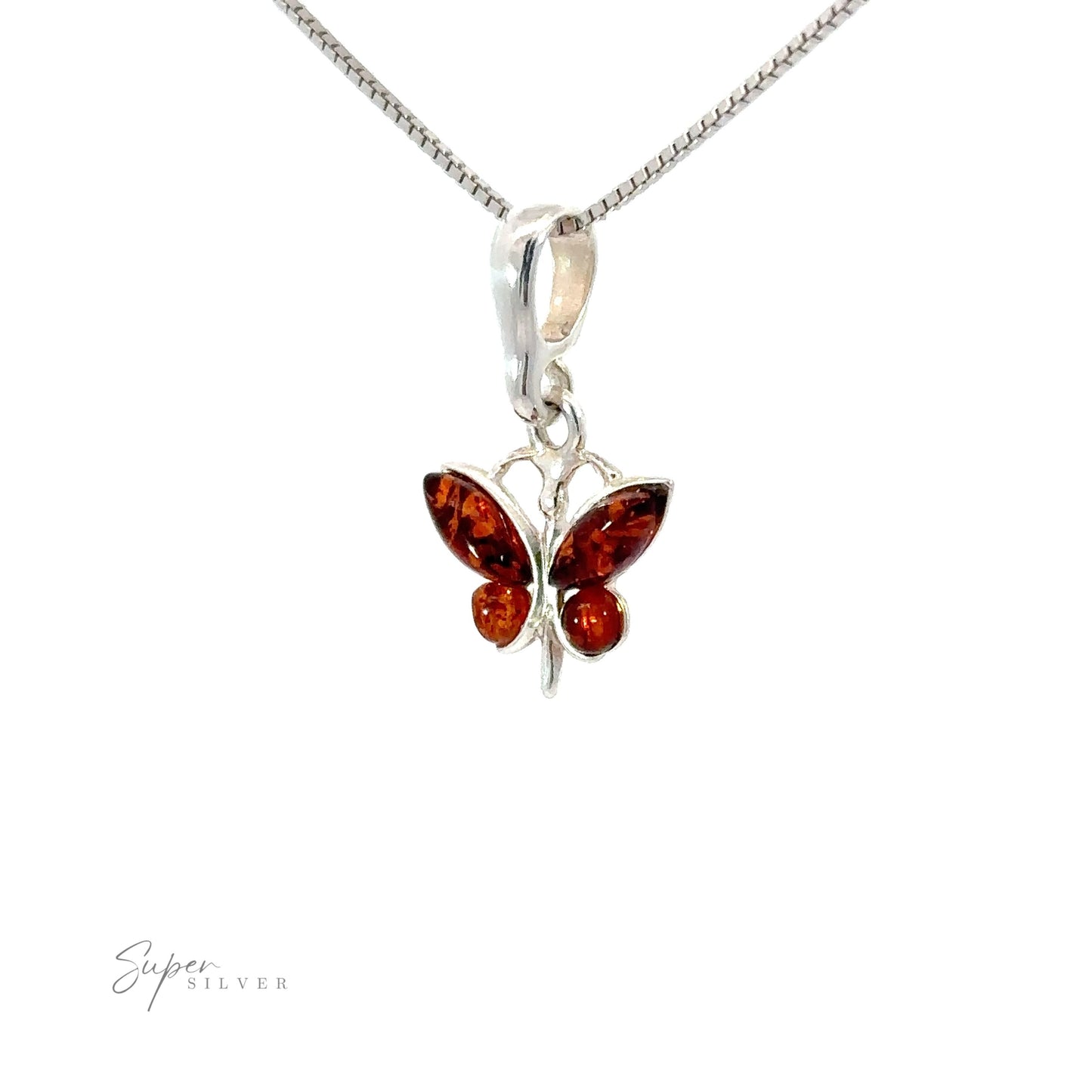 
                  
                    Small Amber Butterfly Pendants, nature-inspired Baltic amber pendants in sterling silver, shaped like butterflies.
                  
                
