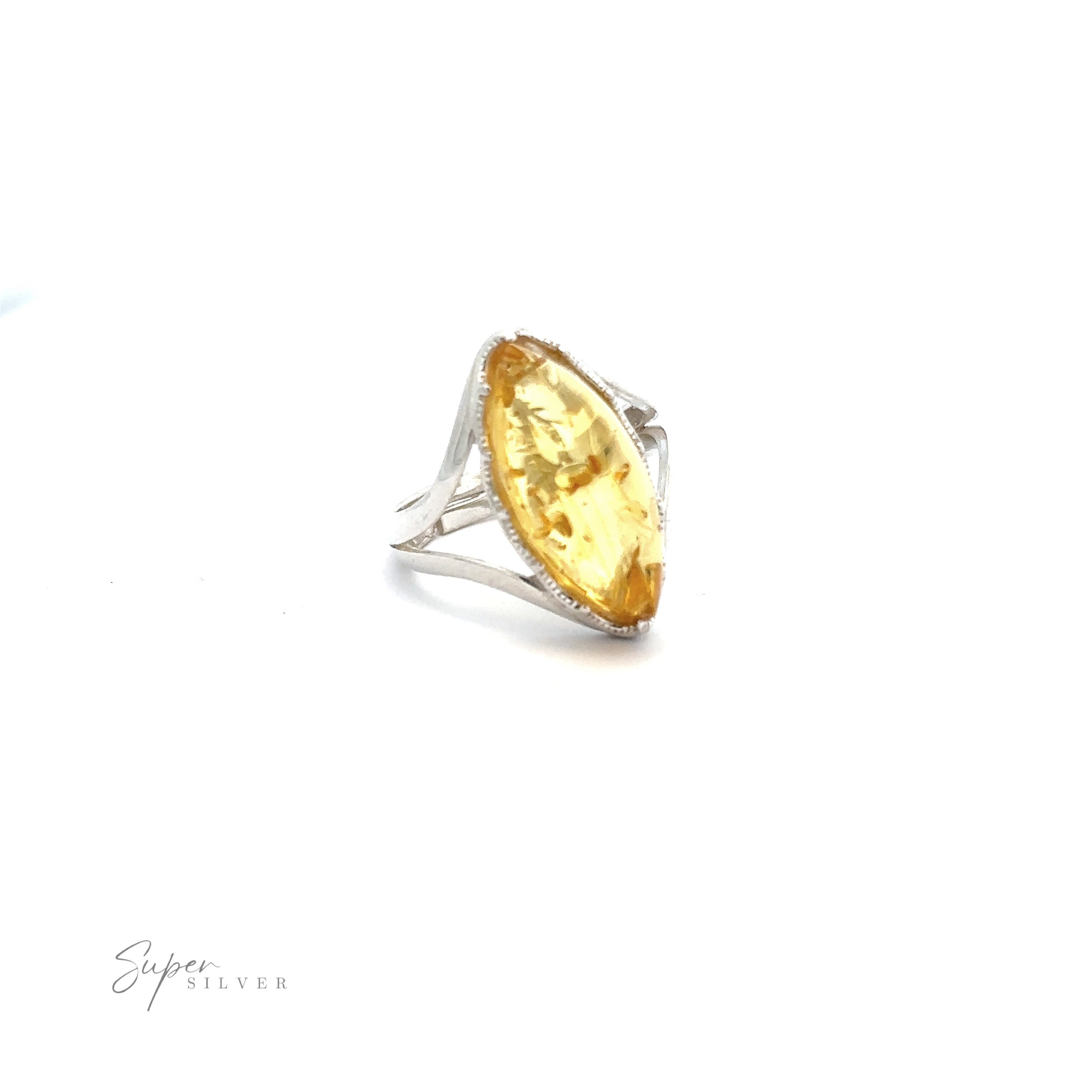 A Marquise-Shaped Baltic Amber Adjustable Ring featuring a large, marquise-shaped amber gemstone, displayed on a white background. The ring boasts a simple, elegant band design.