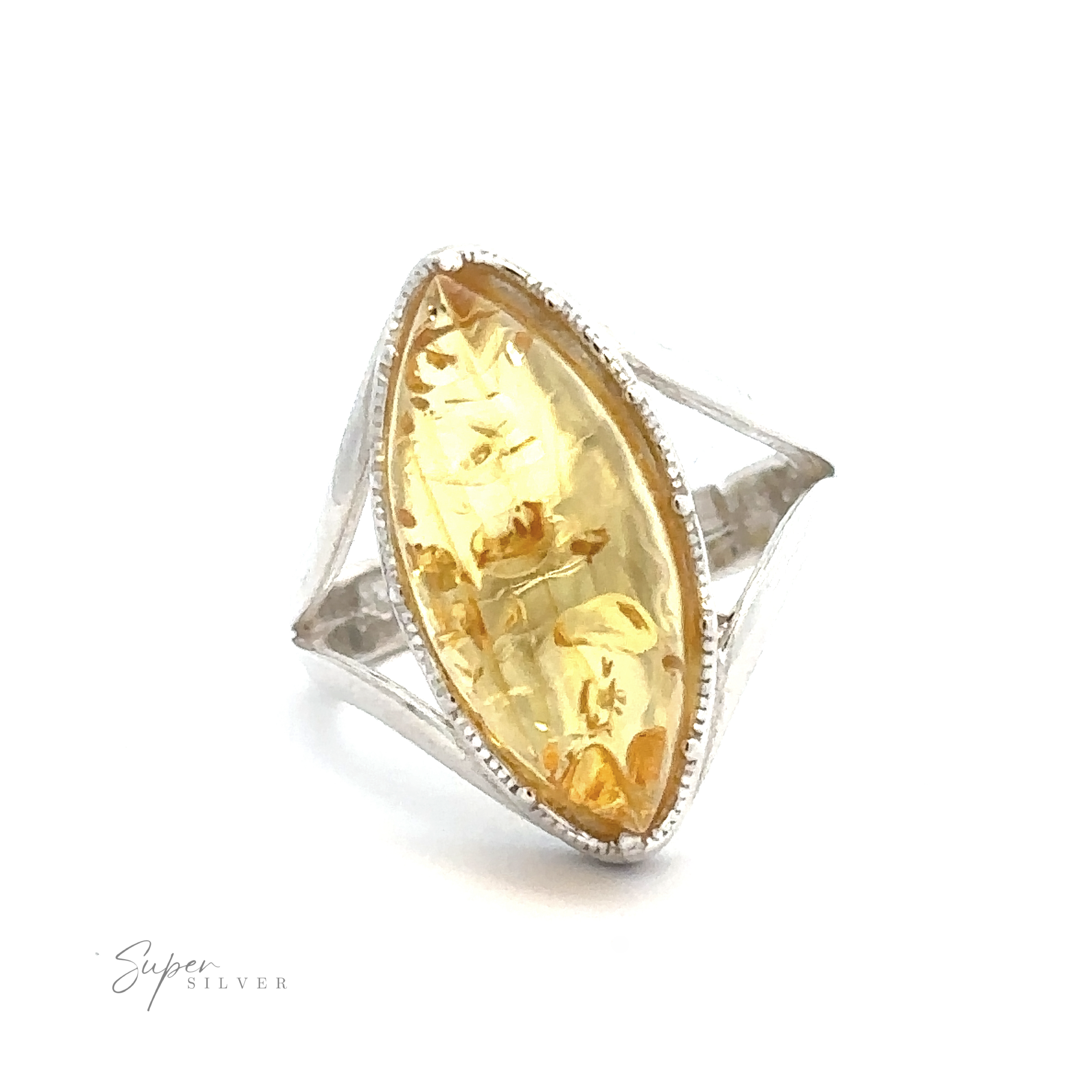 A Marquise-Shaped Baltic Amber Adjustable Ring with a large, marquise-shaped amber gemstone. The band features intricate openwork detailing and is adjustable for perfect fit. The "Super Silver" logo is visible in the bottom left corner.