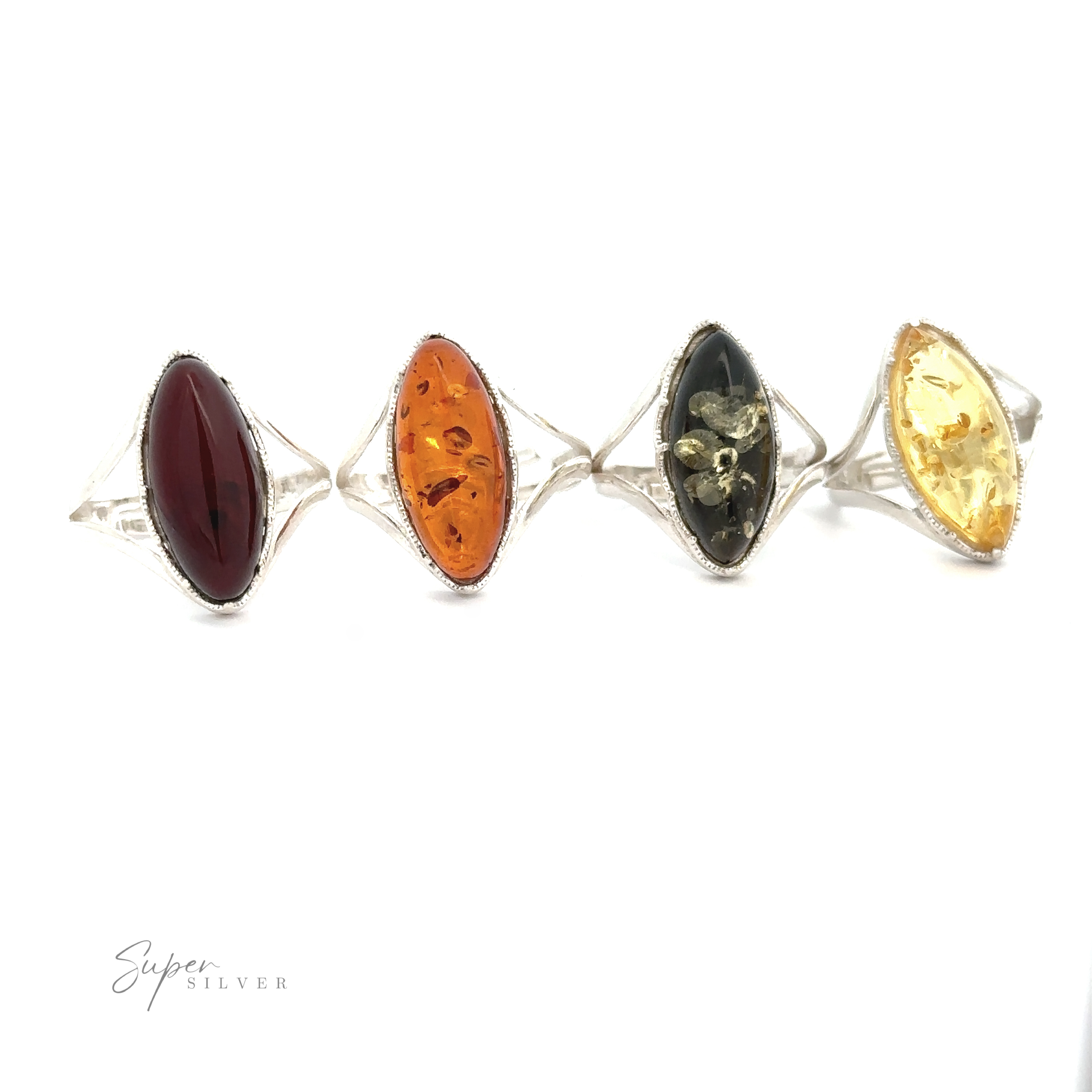 Four Marquise-Shaped Baltic Amber Adjustable Rings with different elongated oval gemstones in red, orange, dark green, and pale yellow. Each ring features an adjustable band for a perfect fit. The background is plain white and there is a small text "Super Silver" at the bottom left.